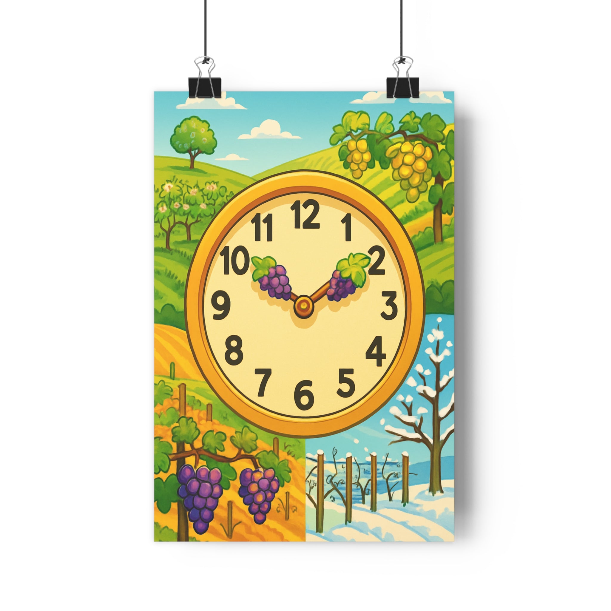 Poster décoratif symbolique coloré dynamique salon cuisine saison vignoble nature horloge mur format 30x46