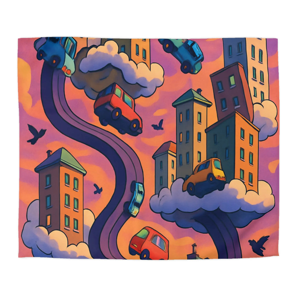 Housse de couette artistique avec voitures volantes et gratte-ciels à l'aube colorée