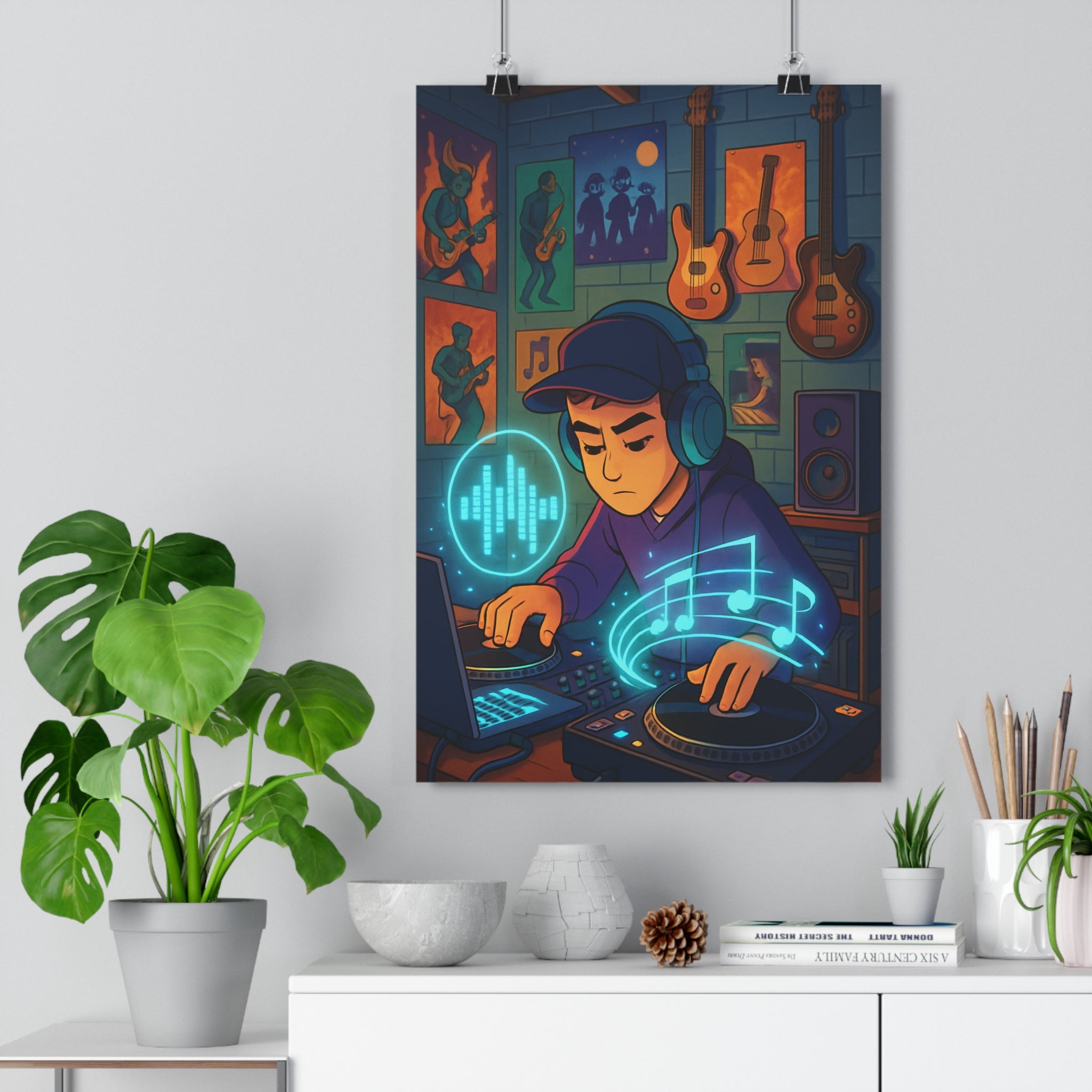 Poster décoratif musique coloré cartoon futuriste dynamique studio créatif lumineux vintage casque platines ordinateur