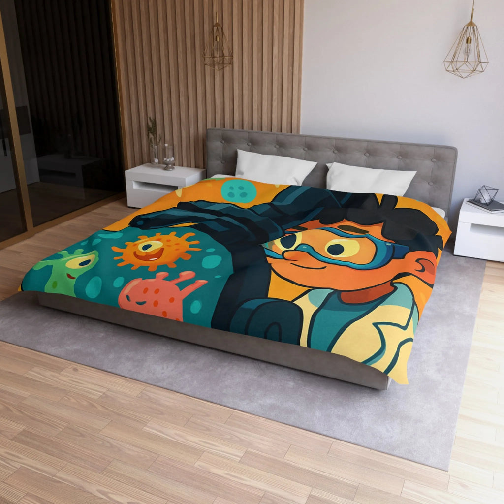 Housse de couette colorée avec jeunes scientifiques et microscope amusant pour enfants