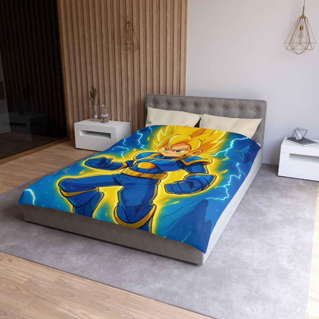 Housse de couette vibrante avec héros en armure bleue et rayons lumineux intenses