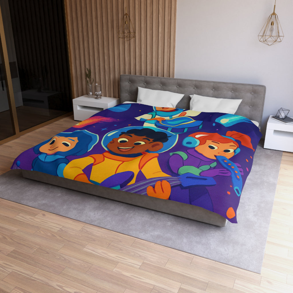 Housse de couette spatiale colorée avec enfants musiciens et planètes virevoltantes