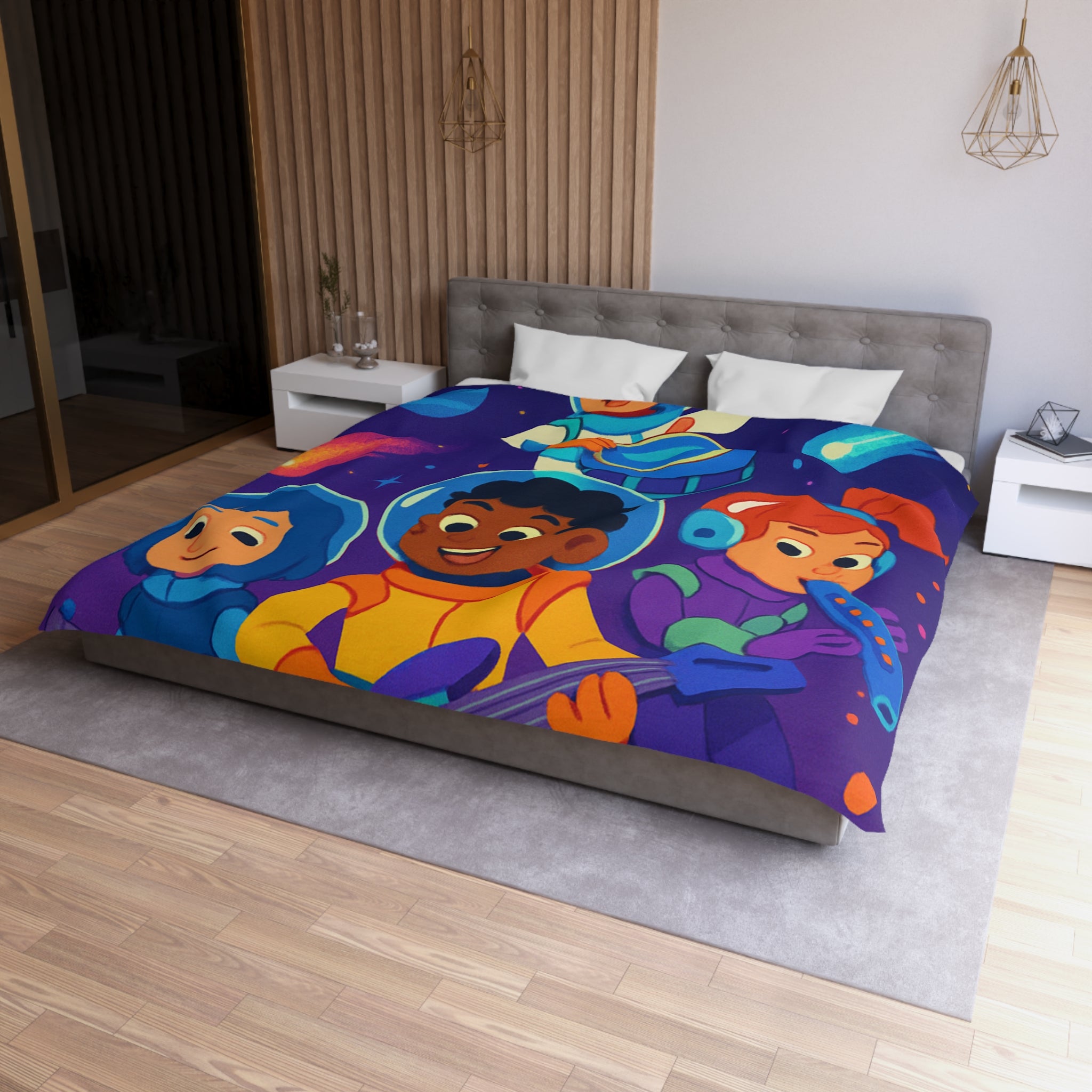 Housse de couette spatiale colorée avec enfants musiciens et planètes virevoltantes