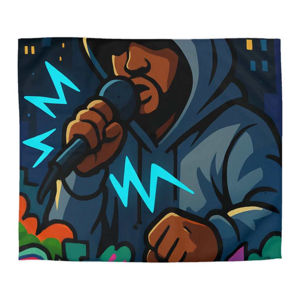 Housse de couette avec artiste hip-hop en hoodie et graffitis colorés de rue