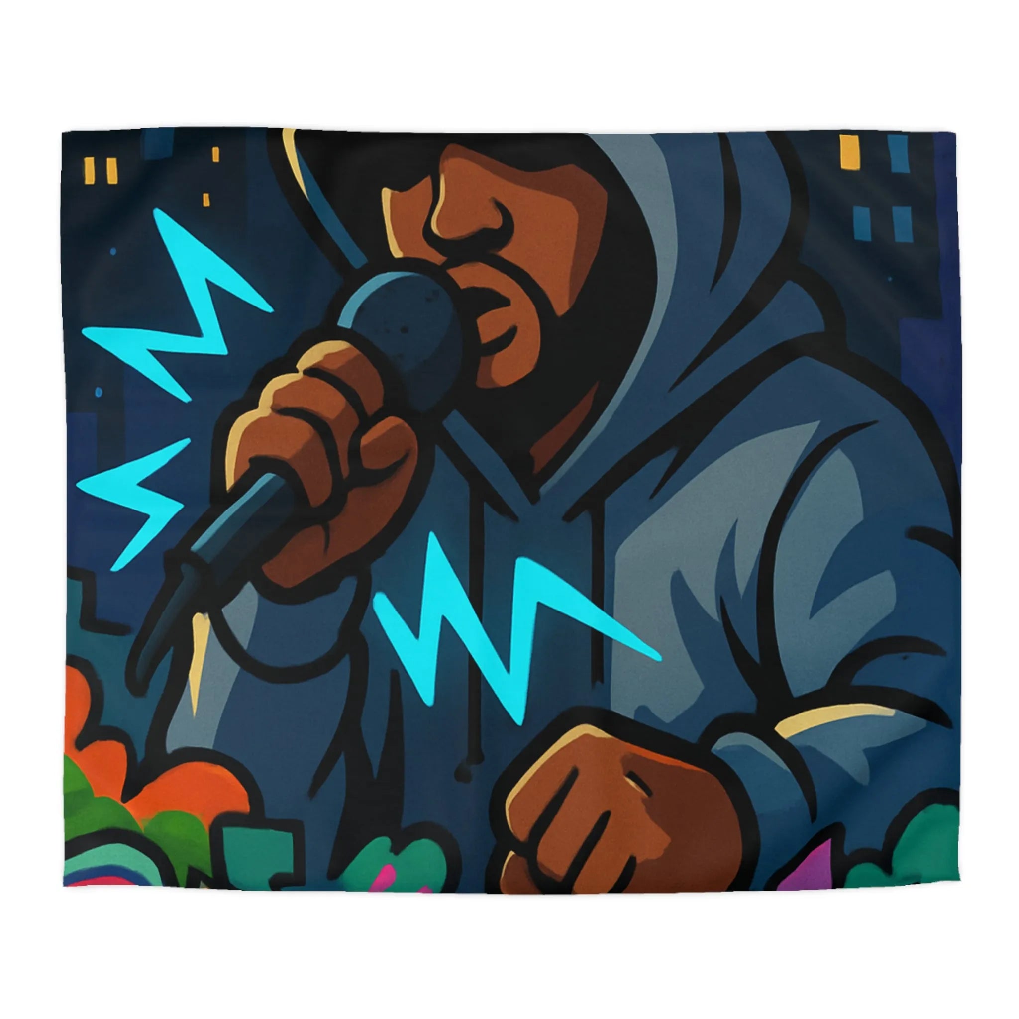 Housse de couette avec artiste hip-hop en hoodie et graffitis colorés de rue