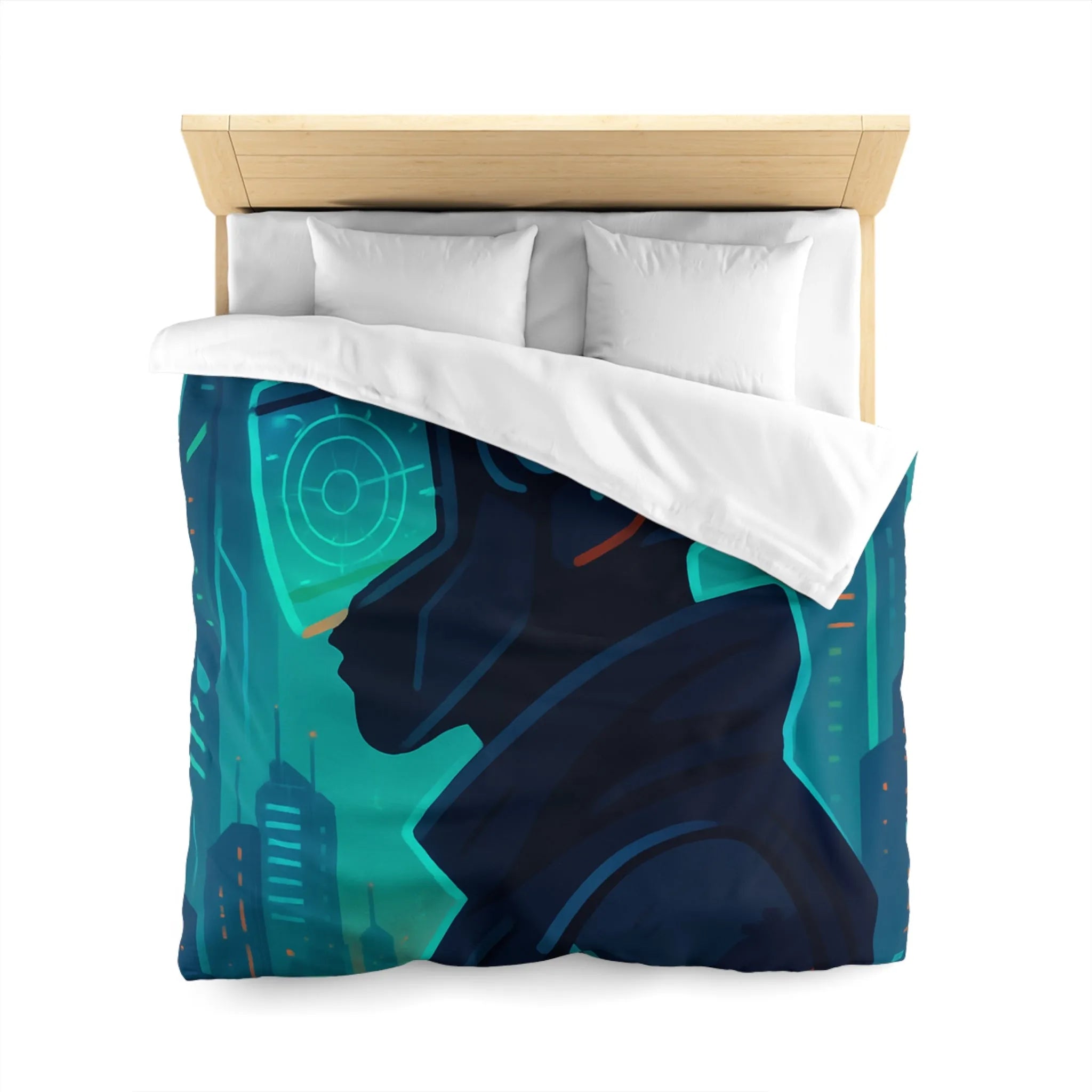 Housse de couette futuriste avec casque de réalité virtuelle et gratte-ciels lumineux