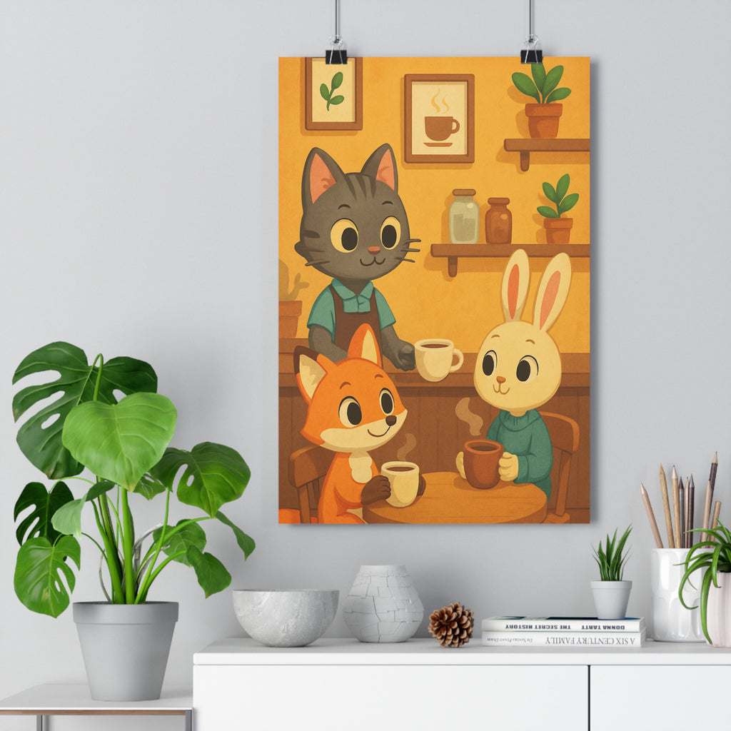 Poster décoratif chaleureux orange beige vert cartoon café salon cuisine détente animaux charmant élégant