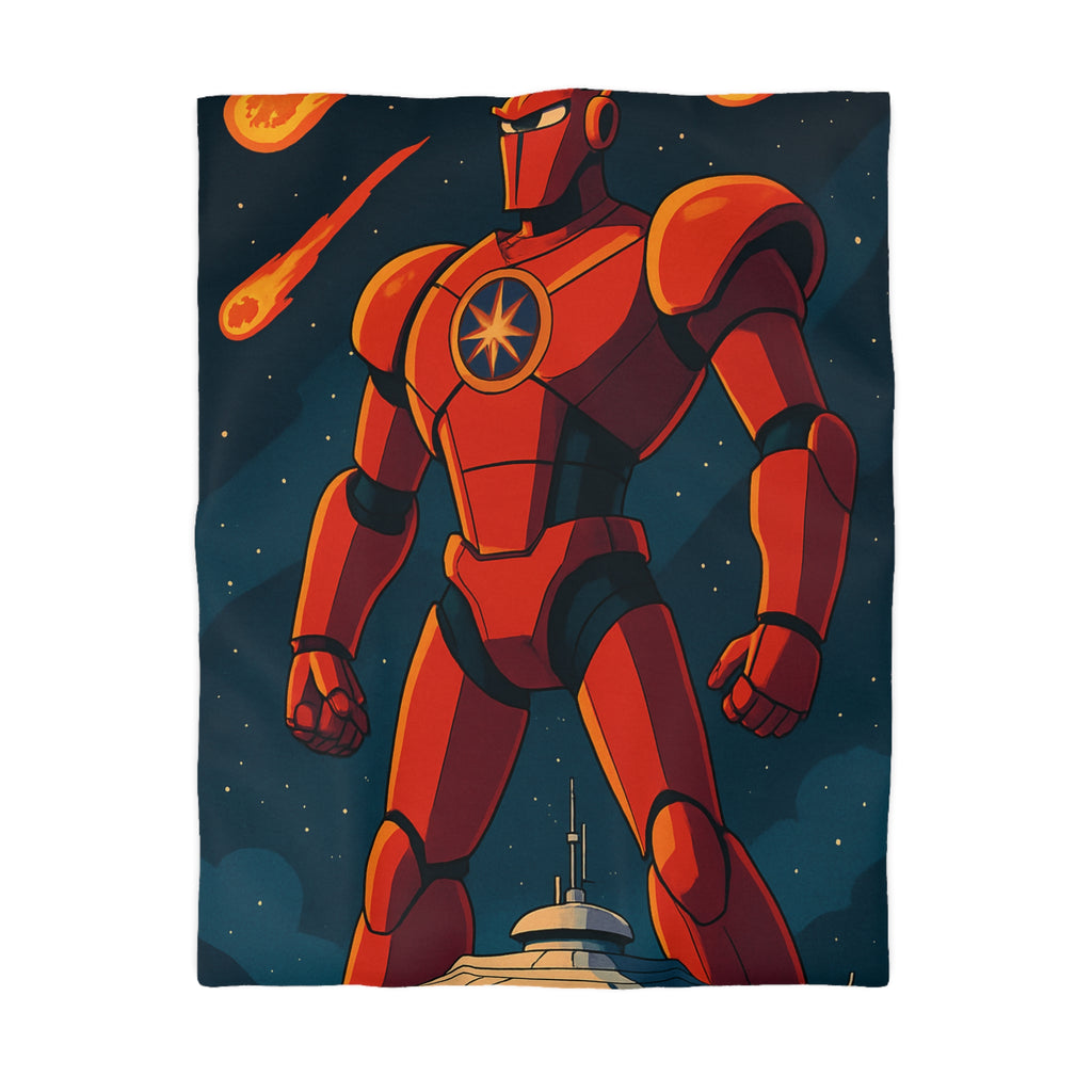 Housse de couette robot géant rouge séduisant avec météores dans l'espace étoilé