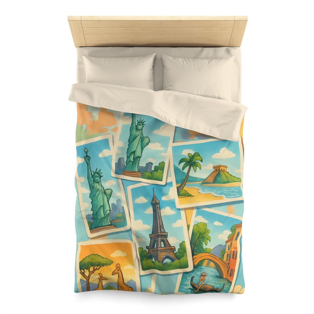 Voyage Mondial Coloré: Housse de Couette avec Monuments et Paysages Iconiques des Continents