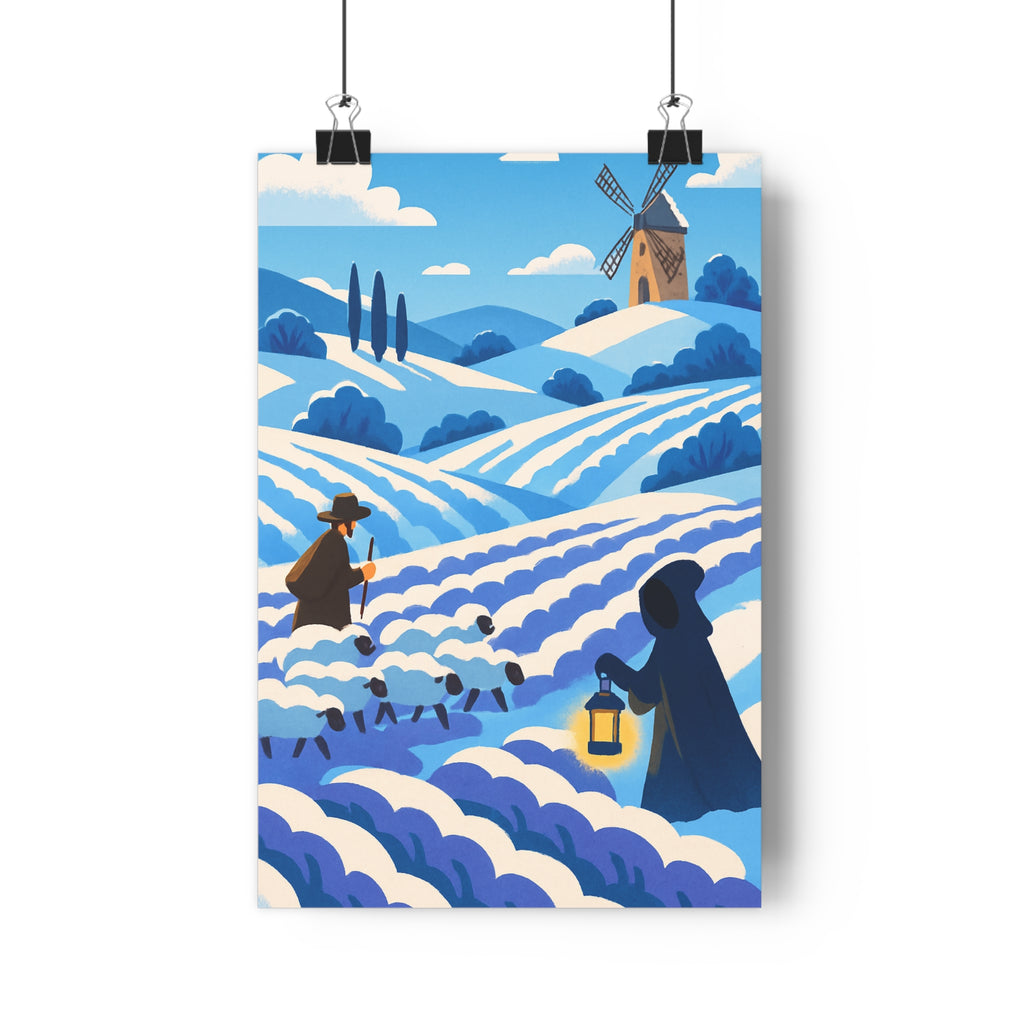 Poster décoratif paysage hiver pastel provençal berger féérique salon chambre doux rêveur ambiance paisible