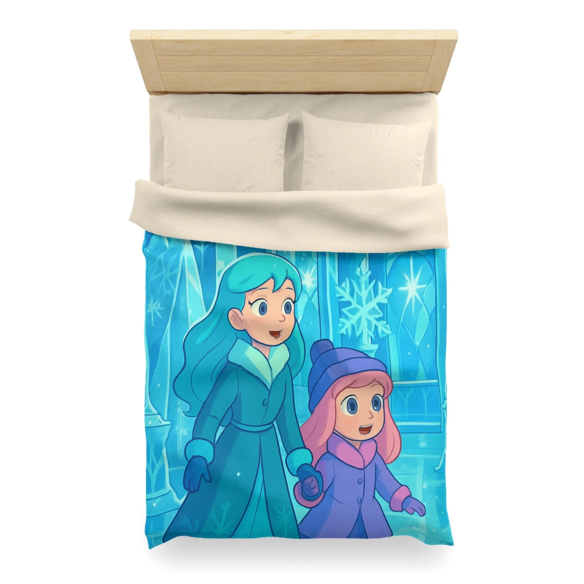 Élégante Housse Couette Glacée Enfants Magie Arctique avec Motifs Flocons et Statues