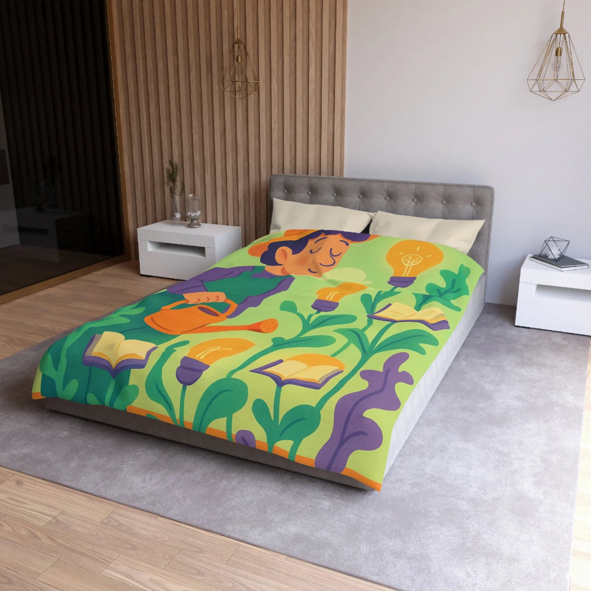 Housse de couette colorée avec jardinier arrosant plantes livres et ampoules