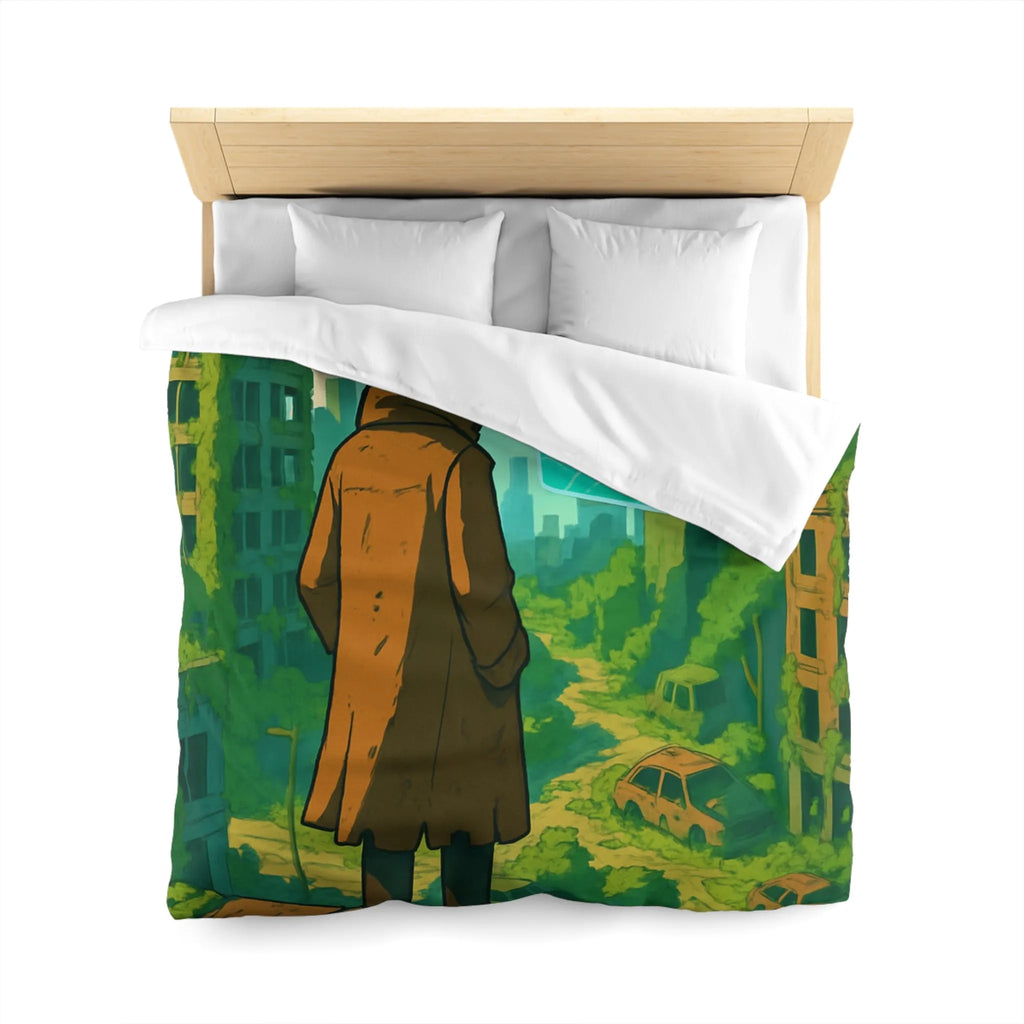 Housse de couette aventure post-apocalyptique avec drone et carte, style urbain nature