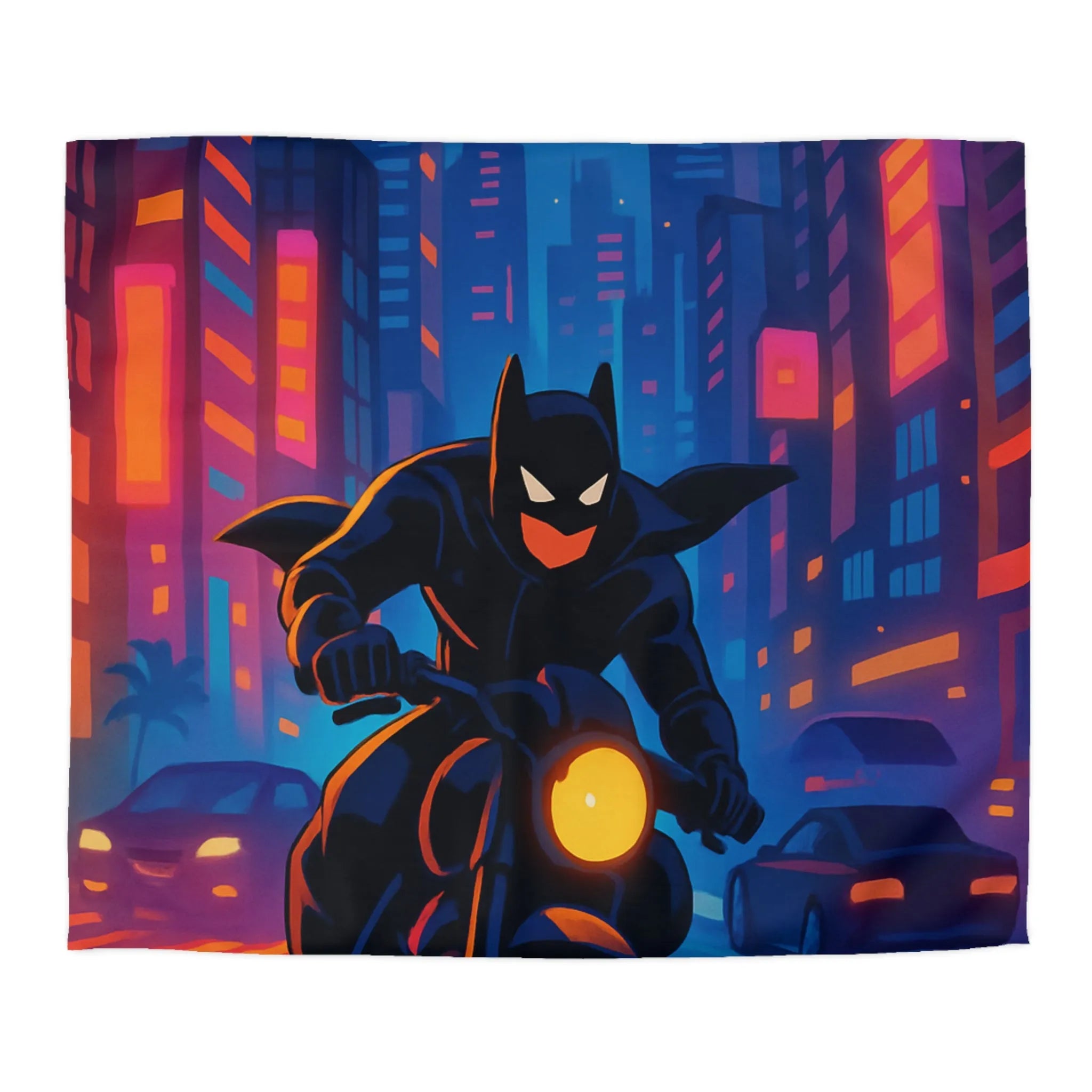 Housse de couette avec super-héros urbain sur moto, ville illuminée et hélicoptères