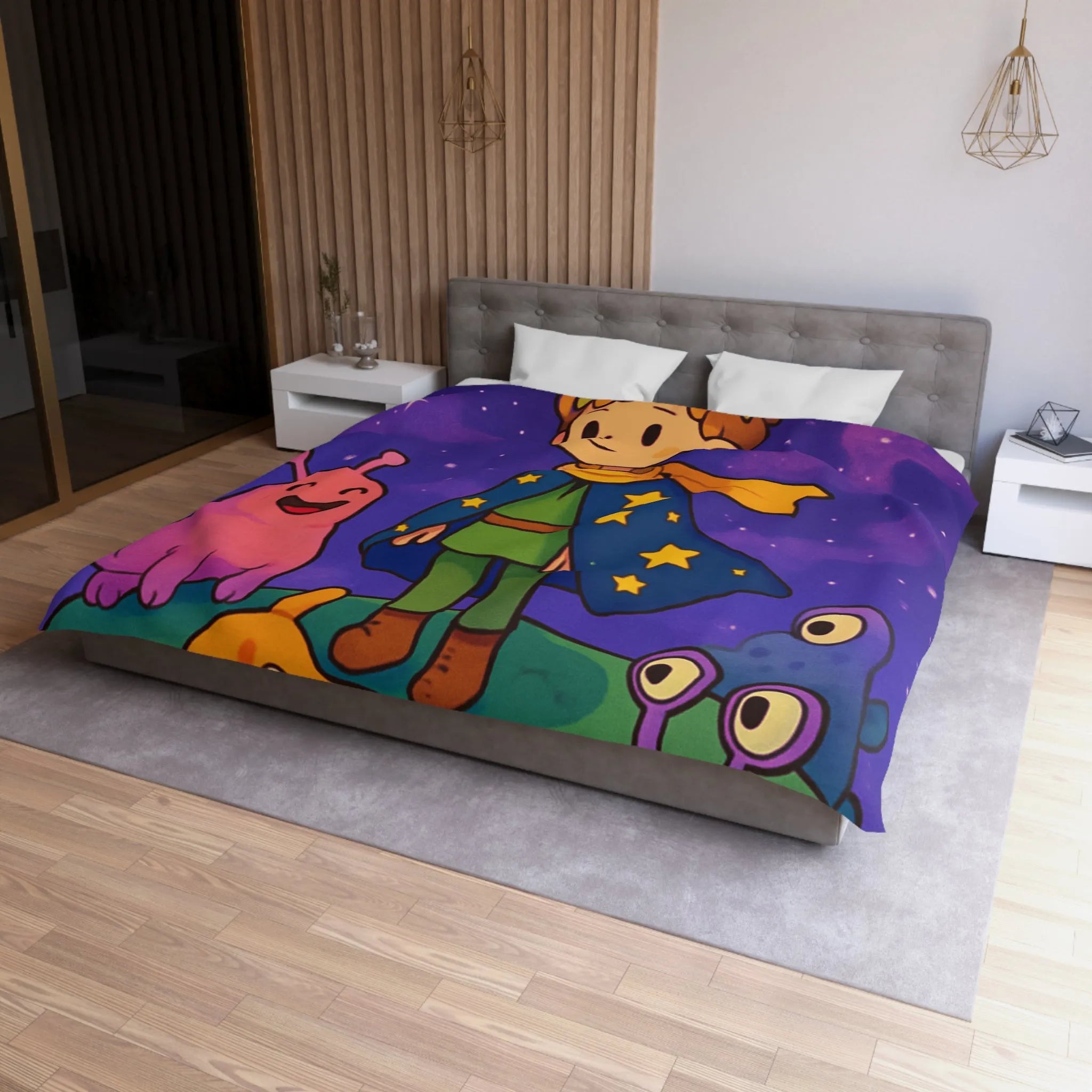 Housse de Couette Colorée Enfantine avec Enfant et Créatures sous Ciel Étoilé