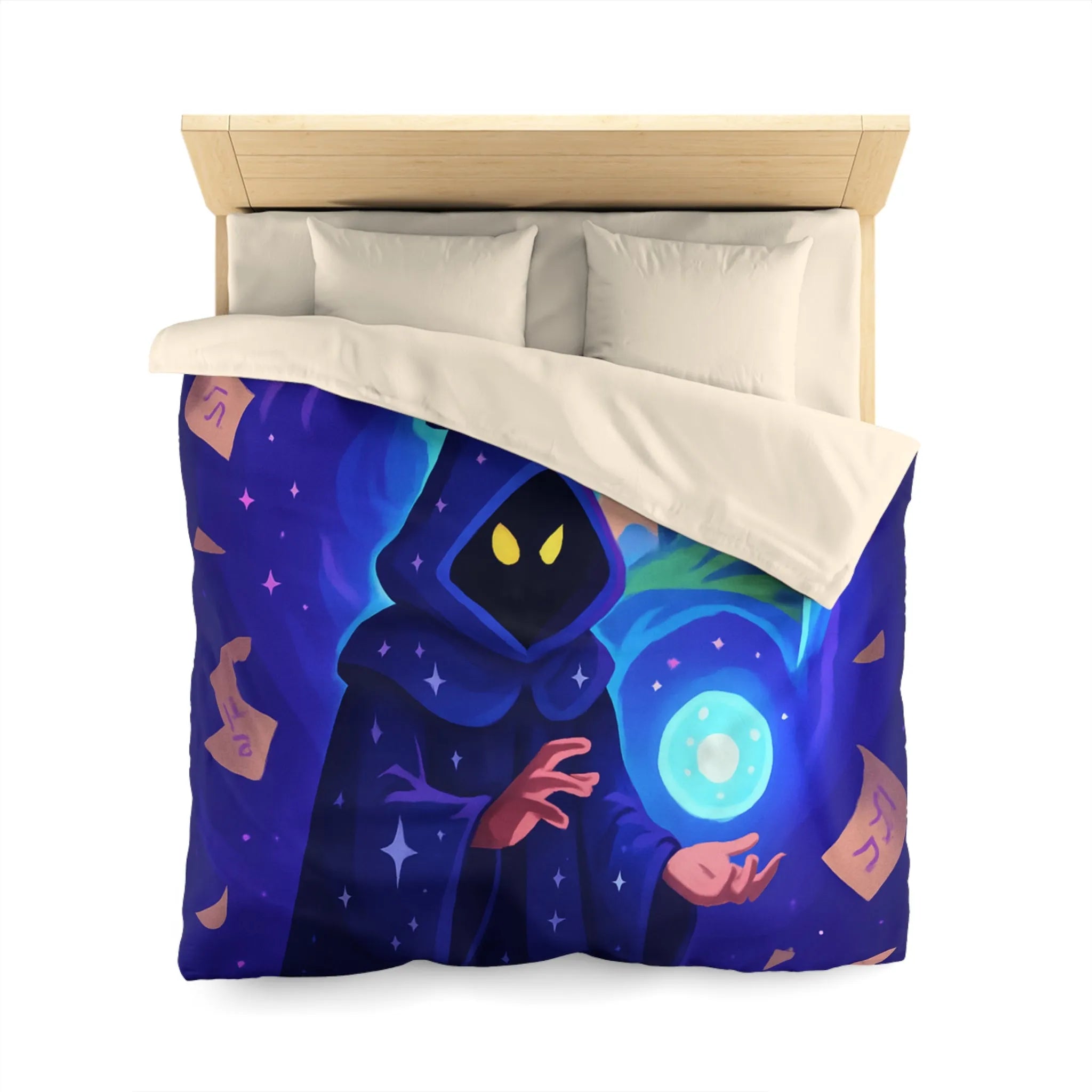 Housse de couette magique bleu nuit avec sorcier et château fantastique étoilé mystérieux