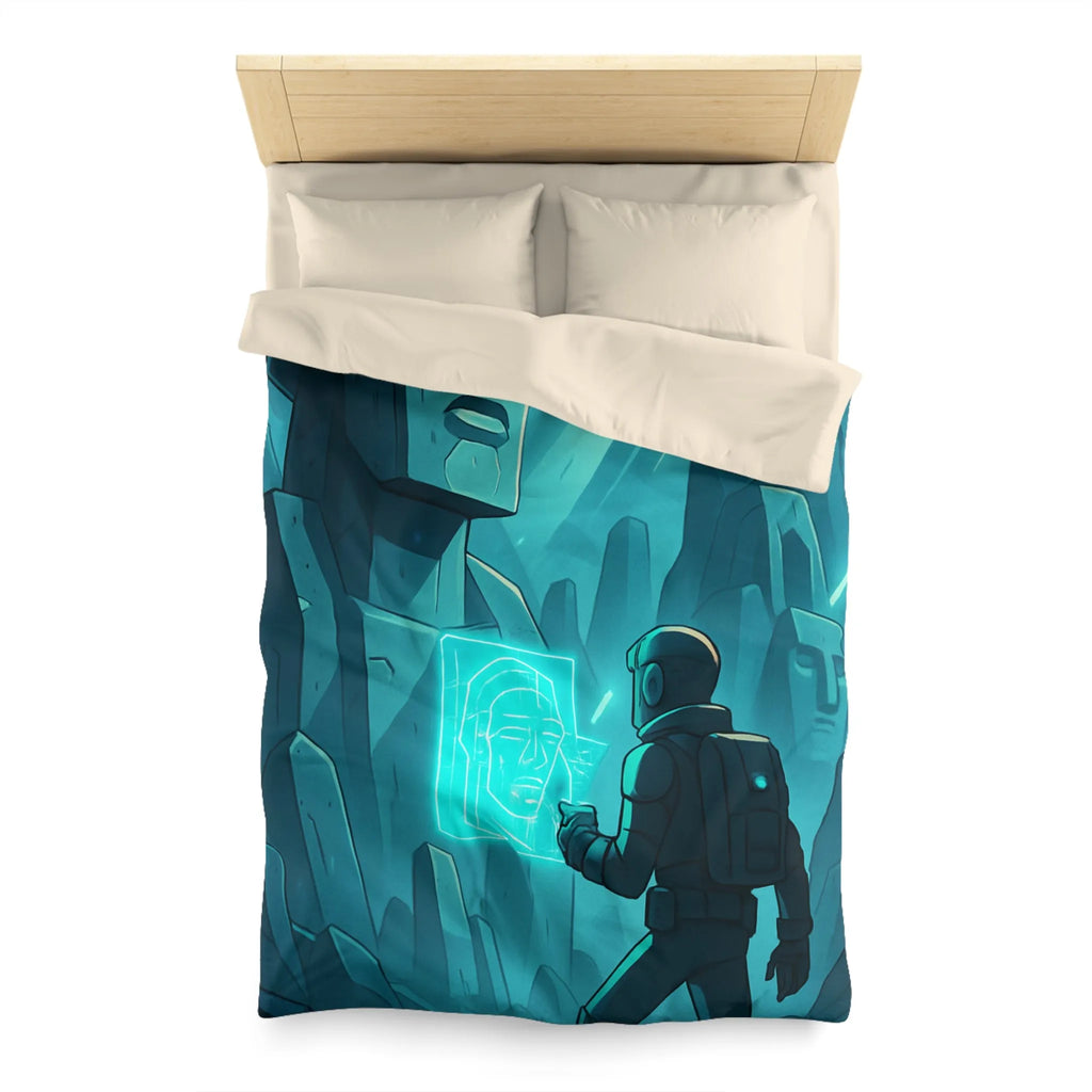 Housse de couette futuriste avec statues anciennes et explorateur dans une ambiance lumineuse néon