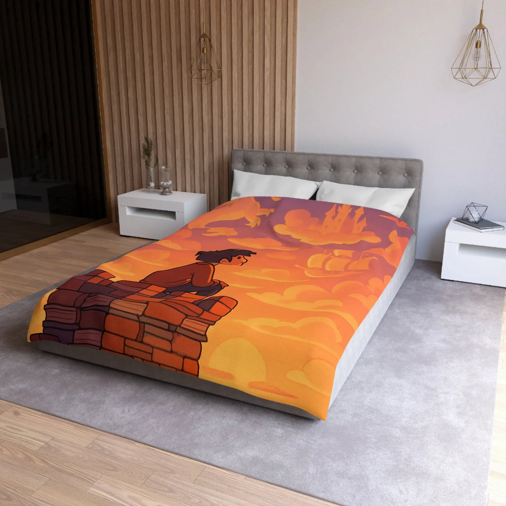 Housse de couette fantastique avec château, dragon et nuages pour enfants rêveurs