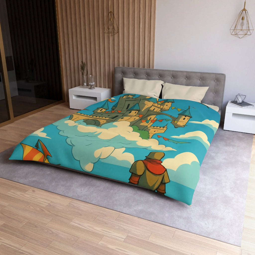 Housse de couette avec château flottant dans le ciel, style fantaisie aventure.