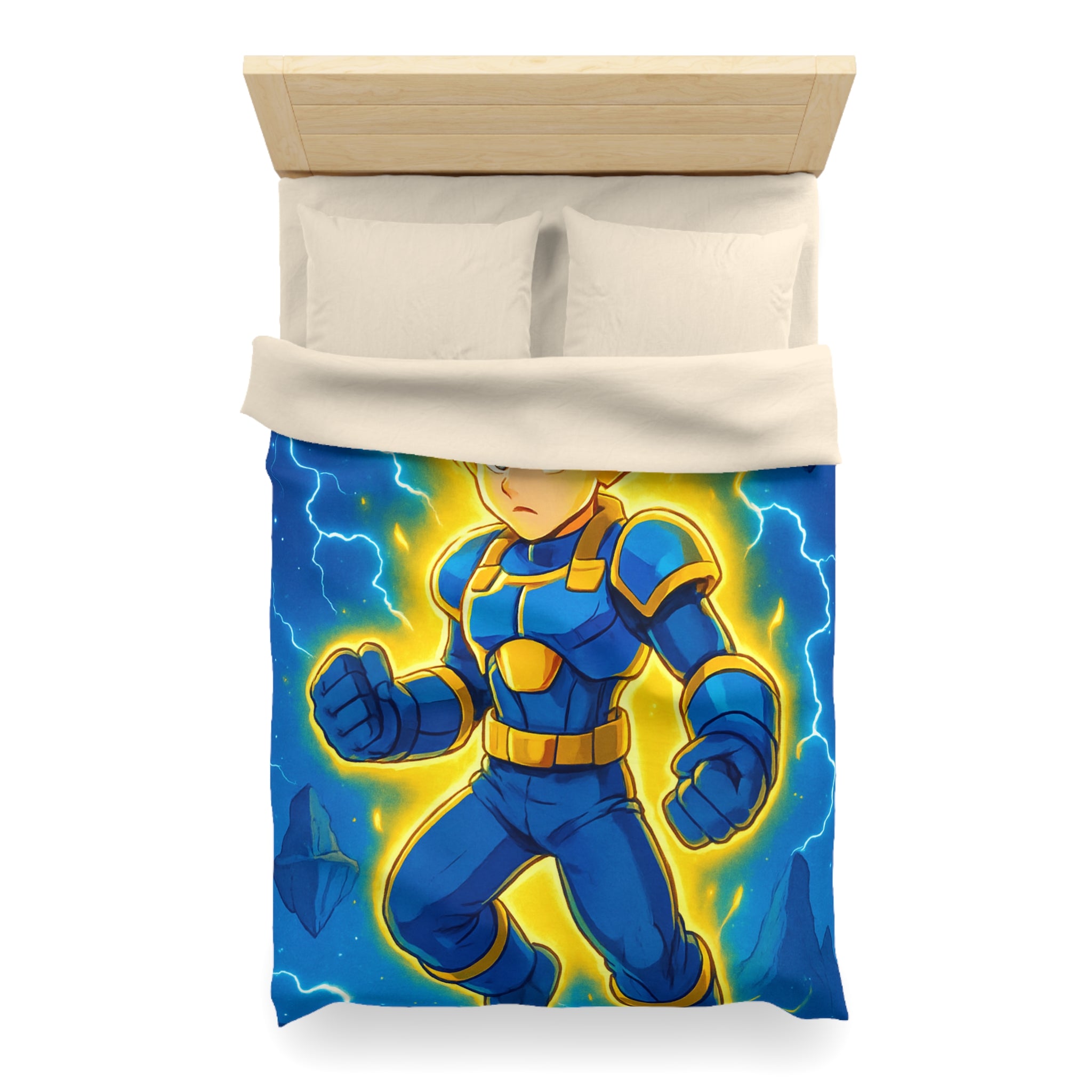 Housse de couette vibrante avec héros en armure bleue et rayons lumineux intenses