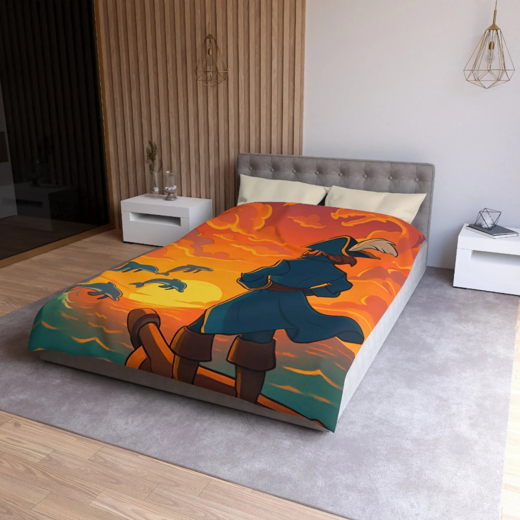 Housse de couette avec pirate contemplant dauphins sous ciel flamboyant au coucher du soleil