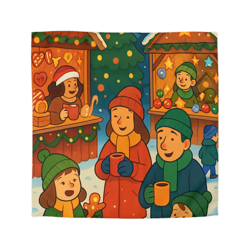 Housse de couette chaleureuse illustrant une scène festive de marché de Noël joyeux