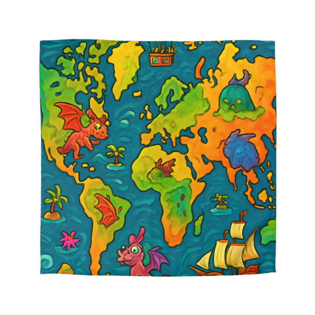 Housse de couette carte monde fantastique avec dragons et bateaux pour enfant