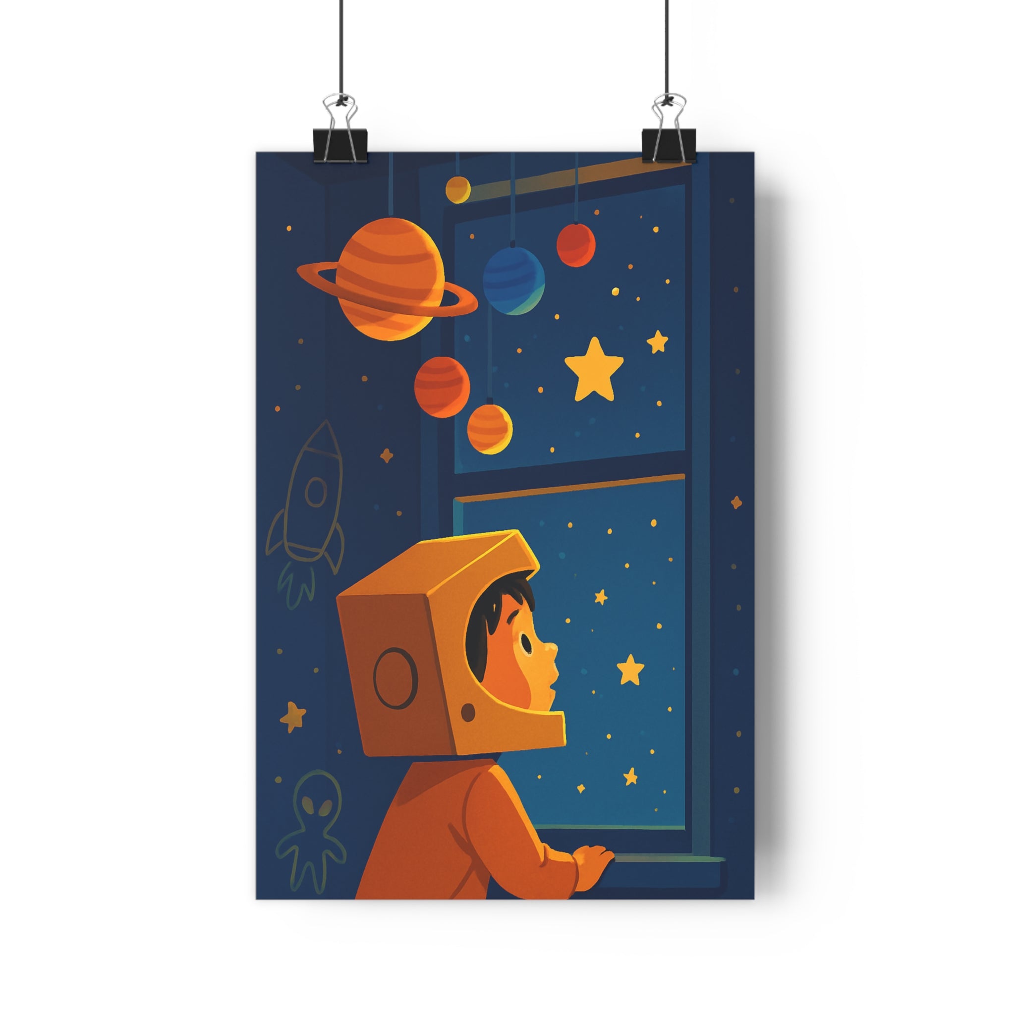 Poster décoratif enfant astronaute aventure ciel étoilé planètes rêveur bleu orange apaisant chambre 30x46
