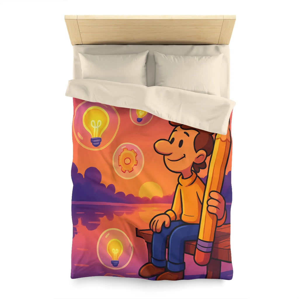 Housse de Couette Créative Avec Personnage Dessinant au Couchant et Ampoules Inspirantes