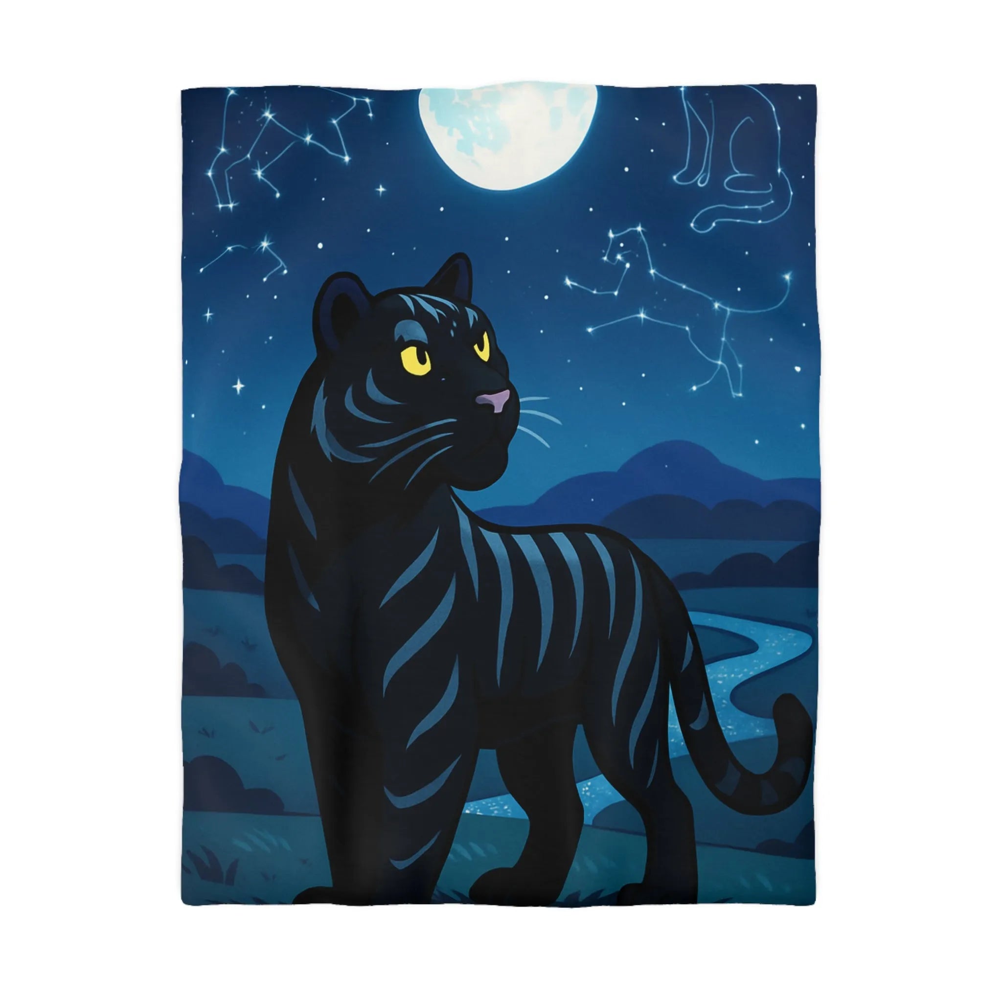 Housse de couette étoilée : Chat noir constellé sous une pleine lune éclatante