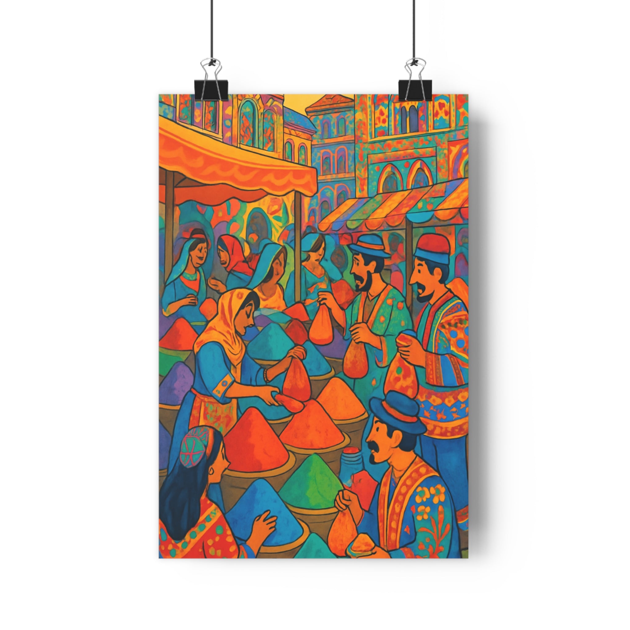 Poster décoratif marché animé couleurs vives cartoon joyeux folklore chambre salon vivant coloré qualité