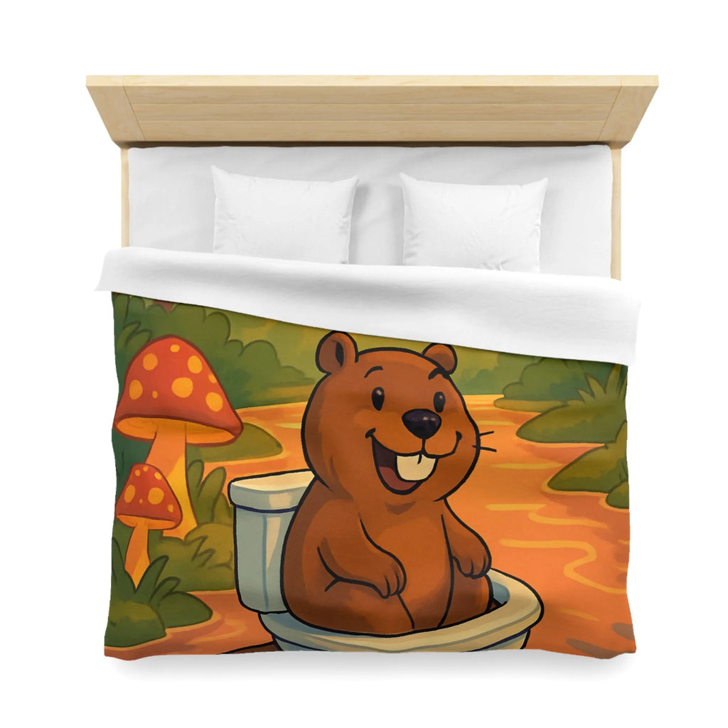 Housse de Couette Enfant Animée avec Castor Amusant et Paysage de Forêt Enchantée