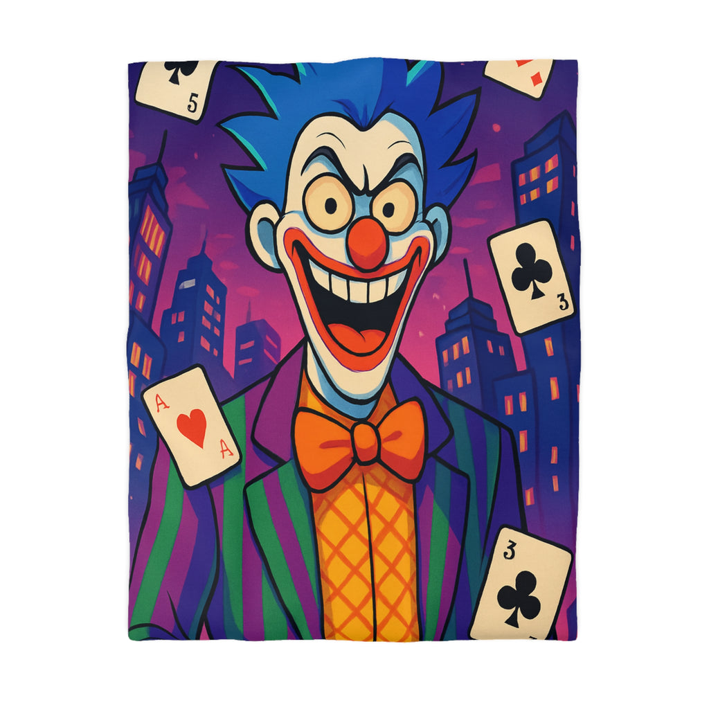 Housse de couette vibrante avec clown effrayant et cartes à jouer en arrière-plan urbain