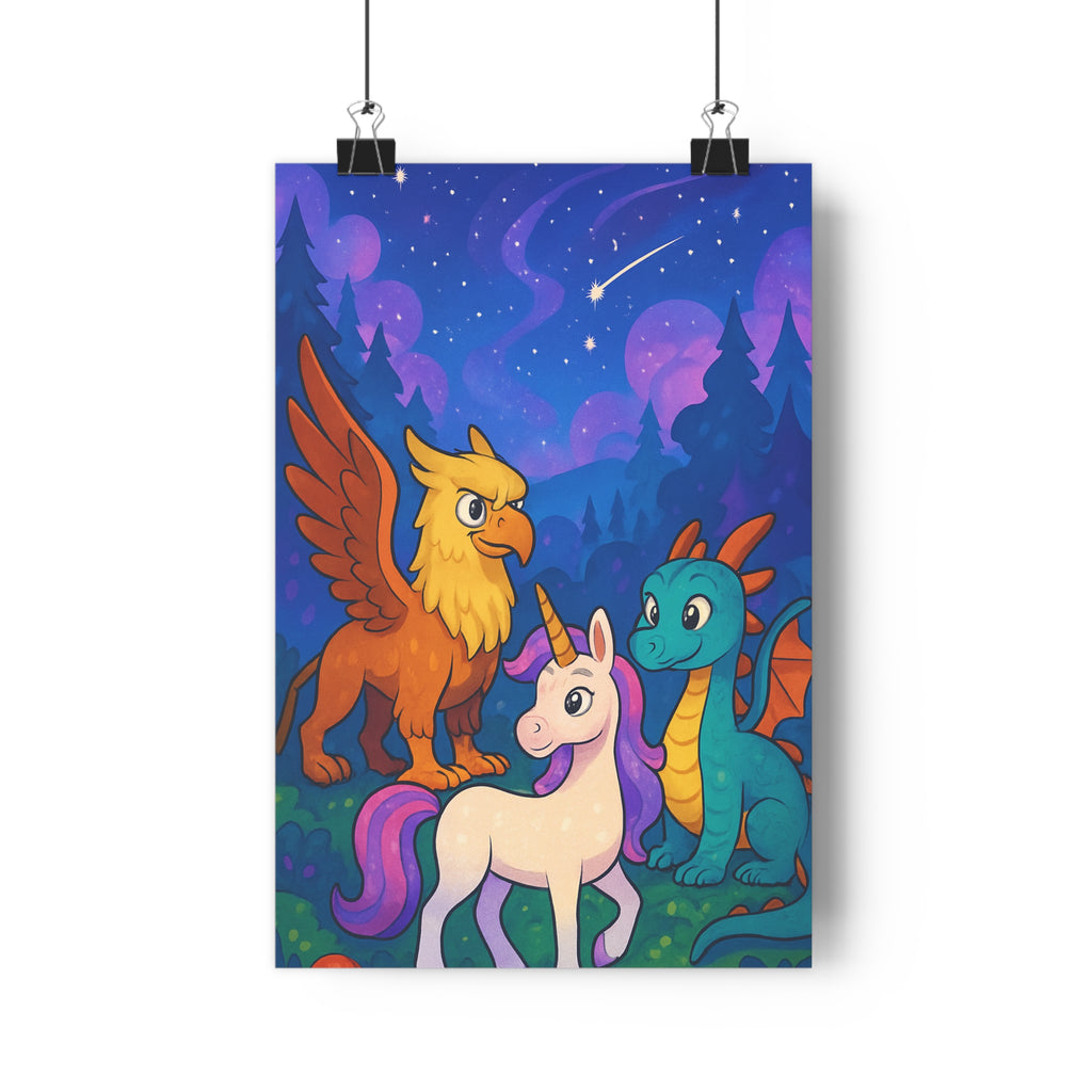 Poster décoratif magique griffon licorne dragon anime forêt féerique bleu violet orange enfant chambre