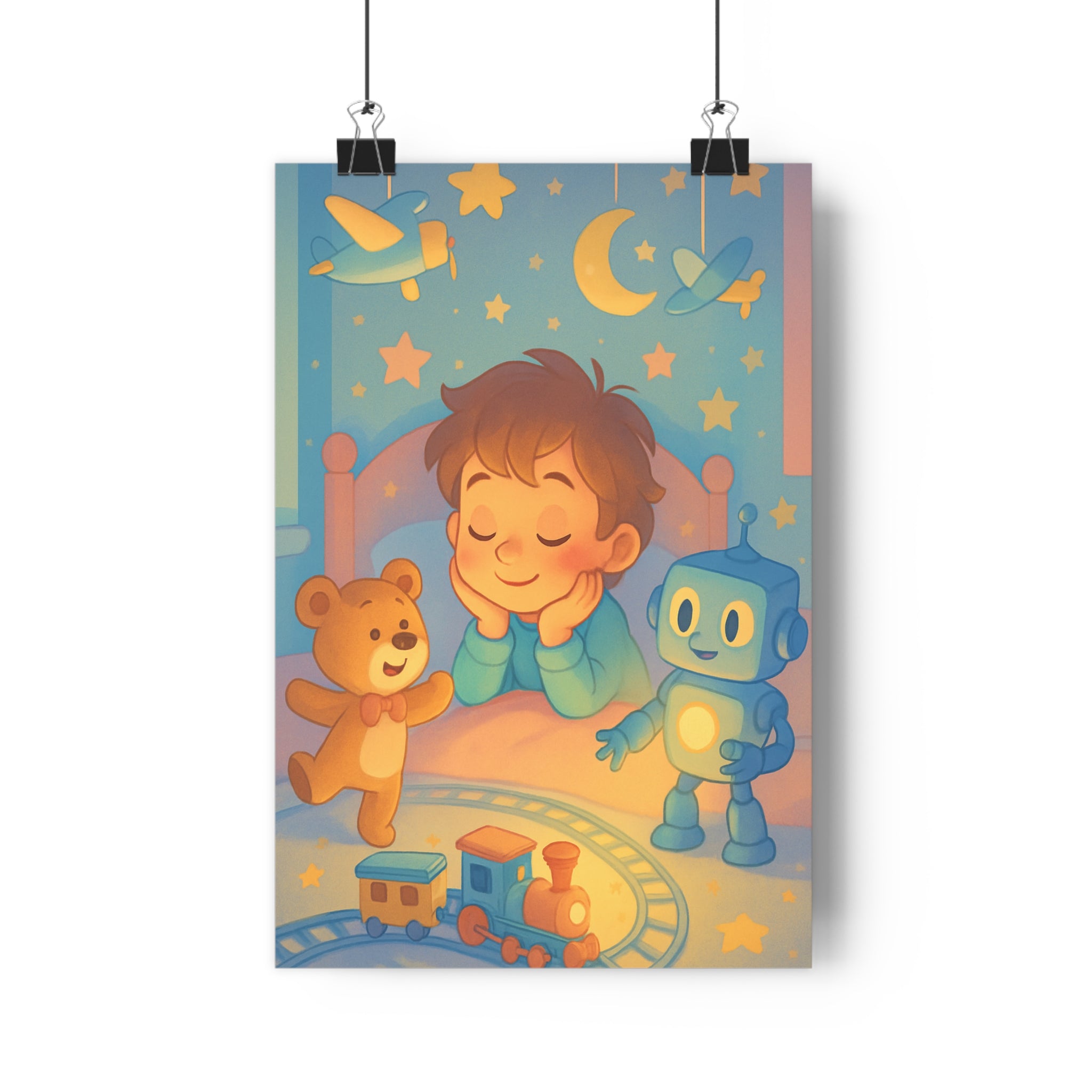 Poster décoratif enfant pastel cartoon joyeux chambre rêveur magique coloré apaisant étoilé train ours