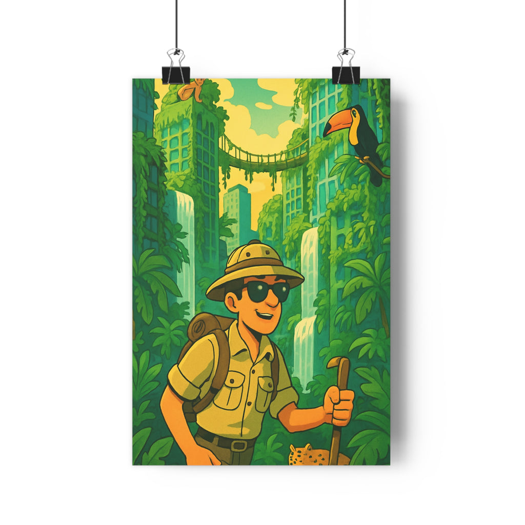 Poster décoratif aventure jungle urbaine vert jaune animé enfant salon bureau exotique explorateur qualité