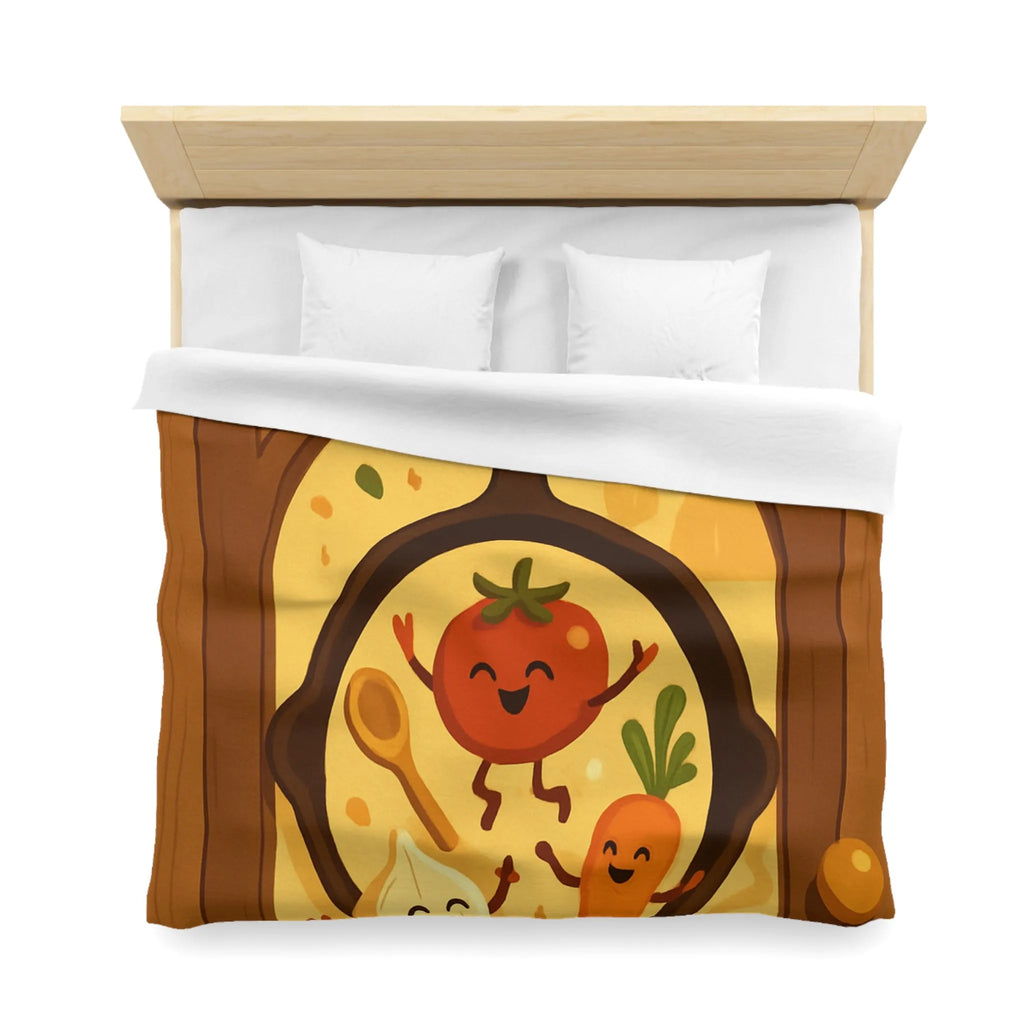 Housse de couette joyeuse avec légumes dans une poêle ambiance cuisine chaleureuse