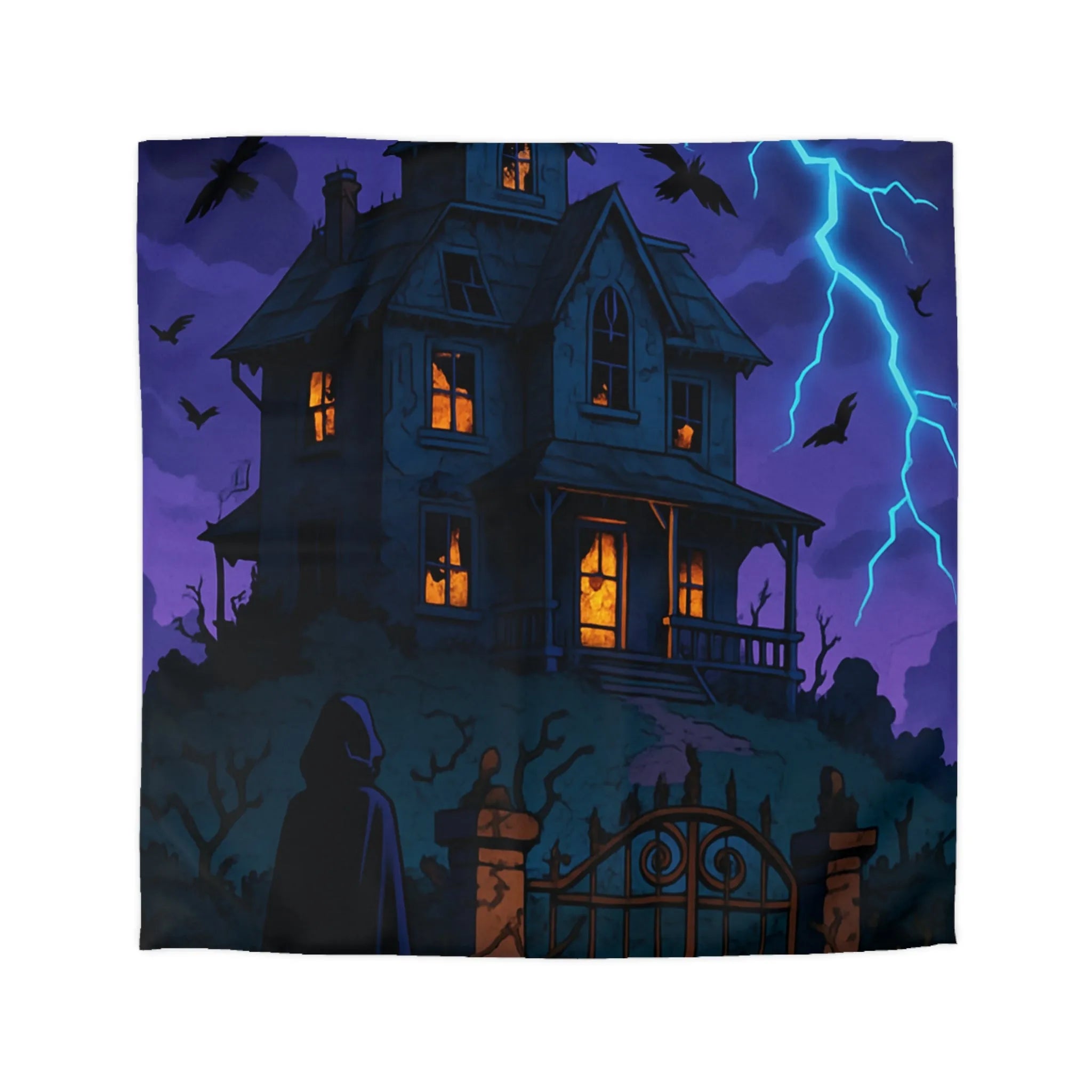Housse de couette intrigante avec manoir hanté, éclairs et corbeaux sous ciel orageux