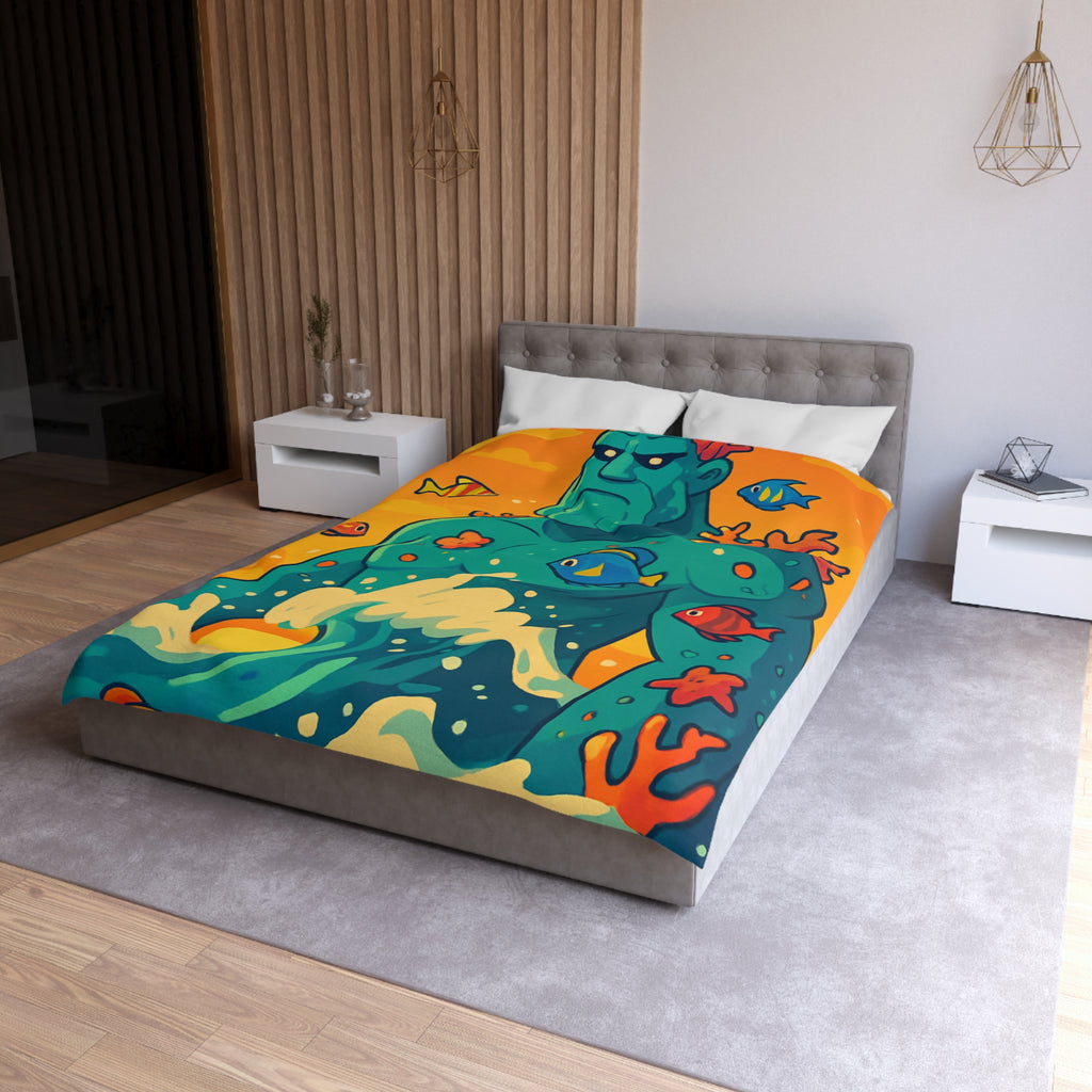 Housse de Couette Océanique avec Illustration Vibrante de Neptune et Poissons Multicolores