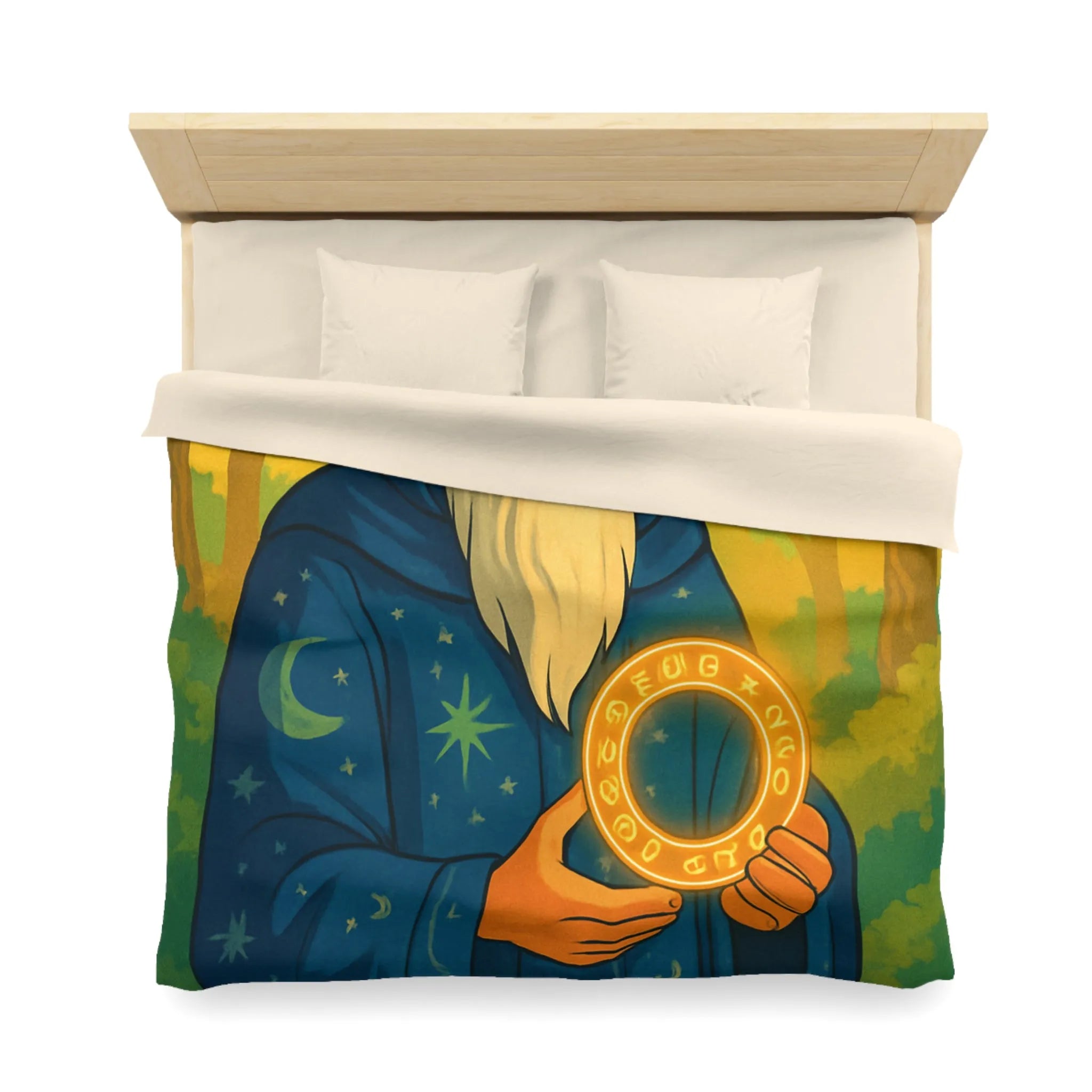 Housse de couette enchantée avec mage en forêt et cercle lumineux mystérieux