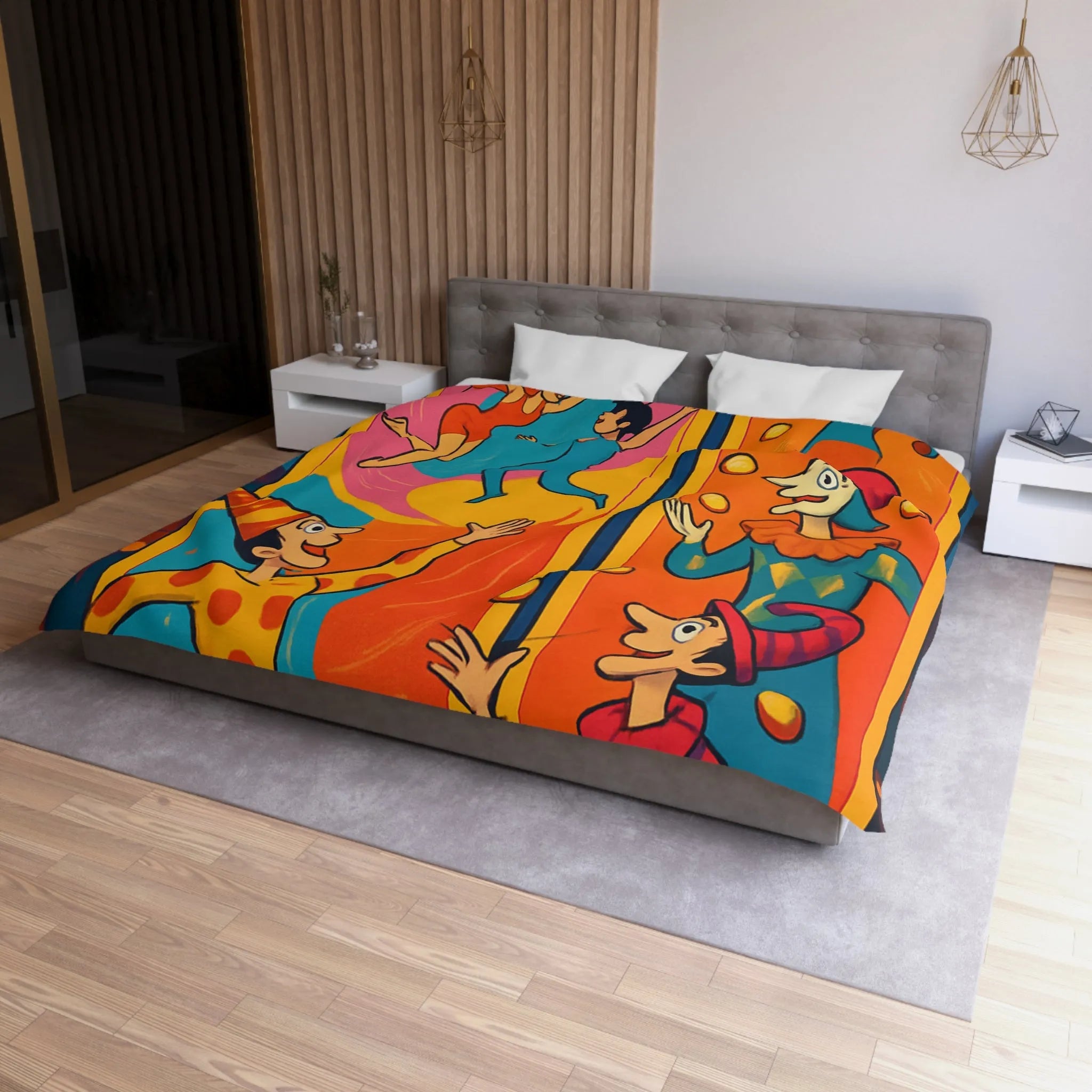 Housse de couette colorée avec jongleurs et acrobates, ambiance festive et joyeuse