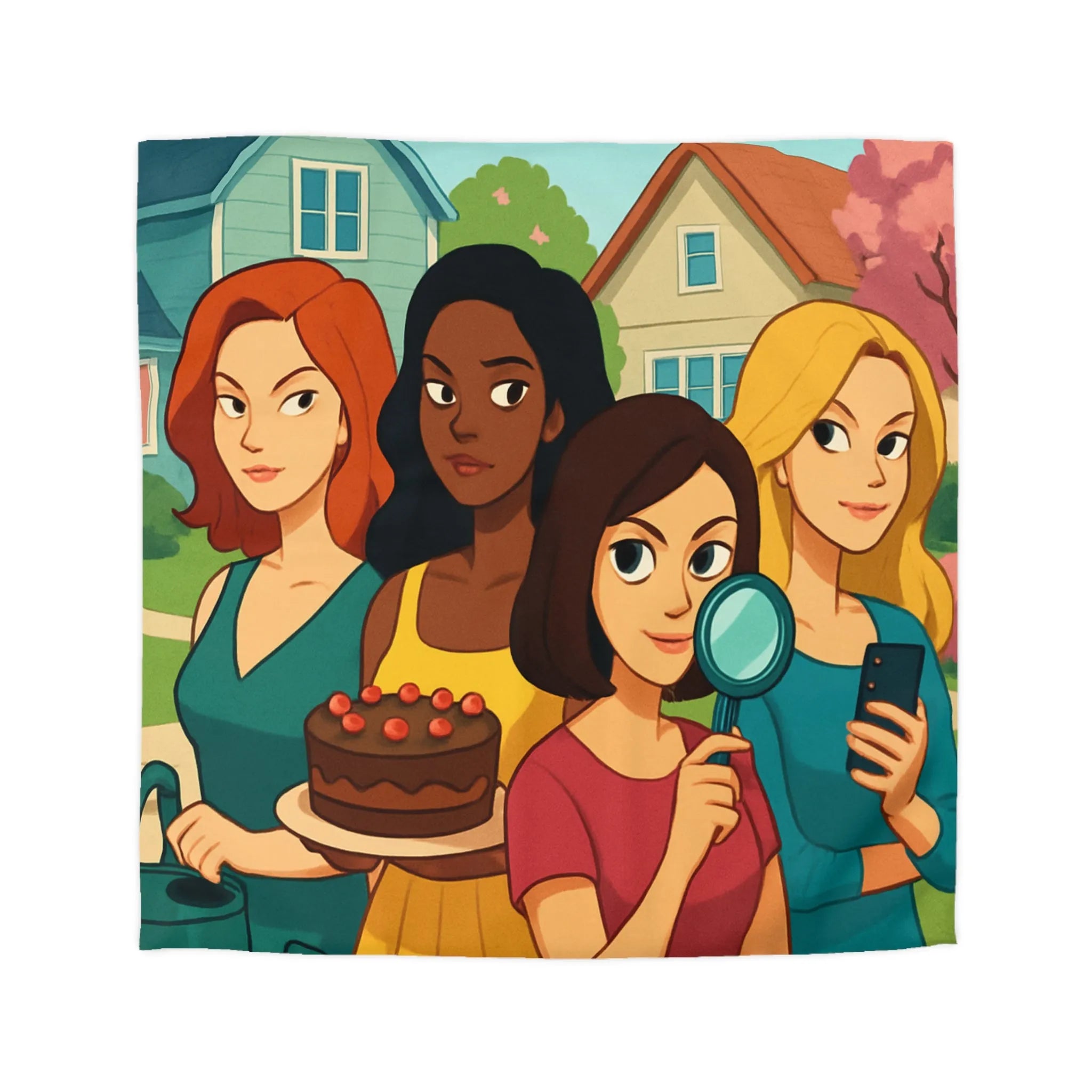 Housse de Couette Illustrée Fête Femme Jardin avec Loupe Gâteau et Téléphone