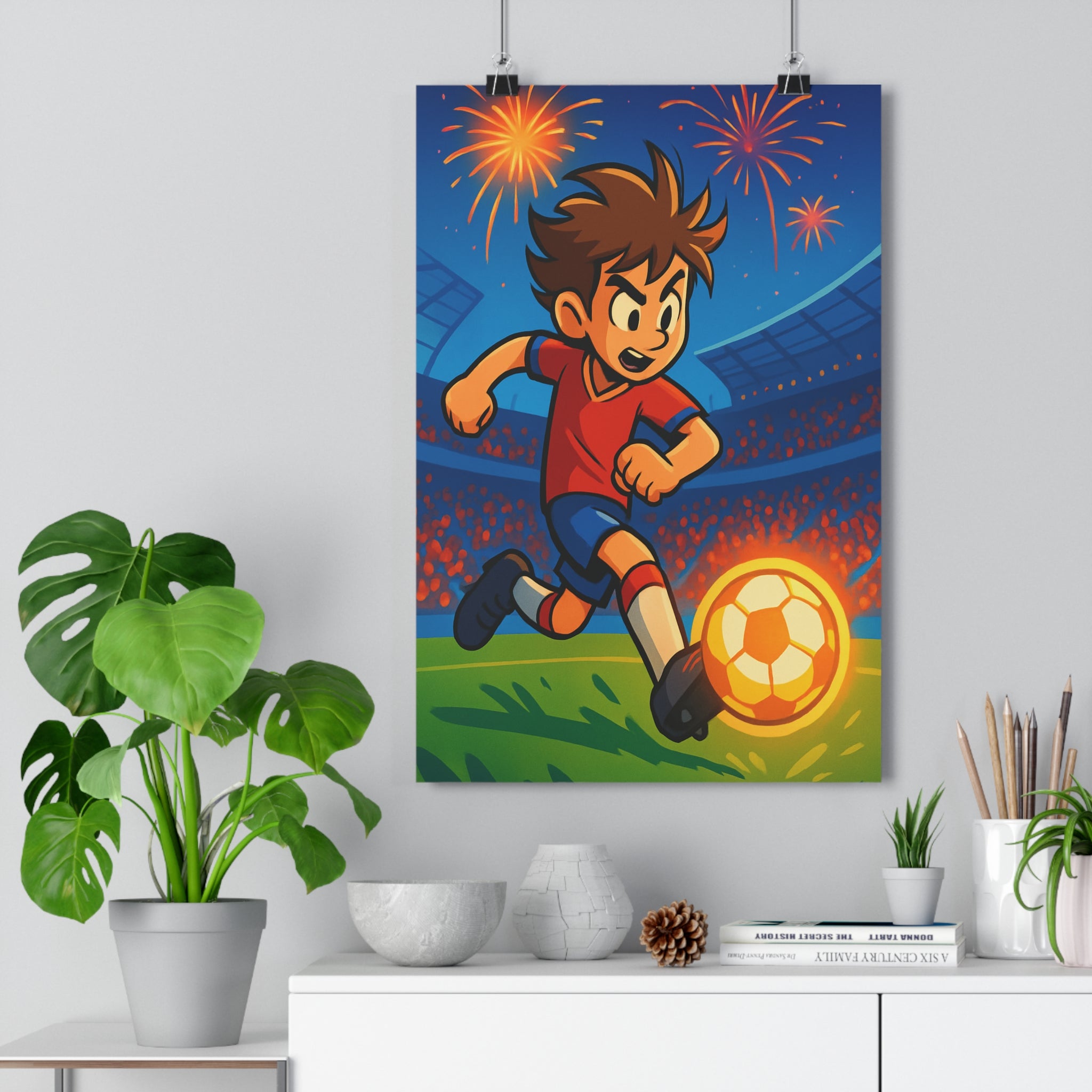 Poster décoratif cartoon football rouge bleu joueur dynamique chambre enfant vibrant festif moderne tendance