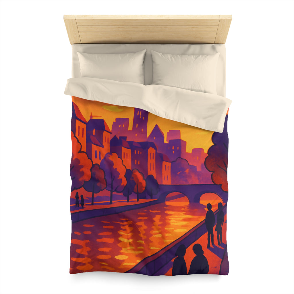 Vibrant paysage urbain crépusculaire avec silhouettes et rivière pour housse de couette