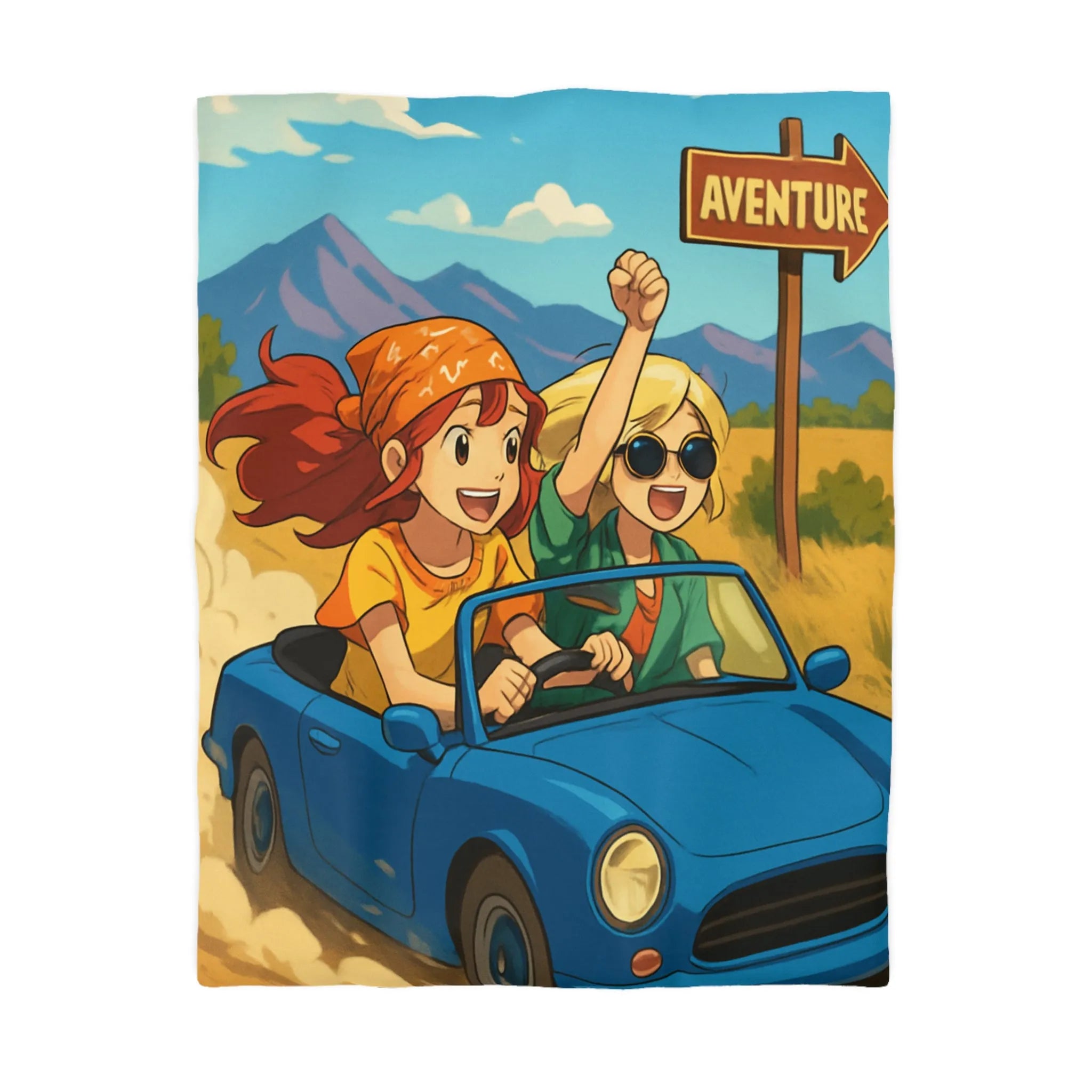 Housse de couette colorée avec scène de route en montagne et amis joyeux