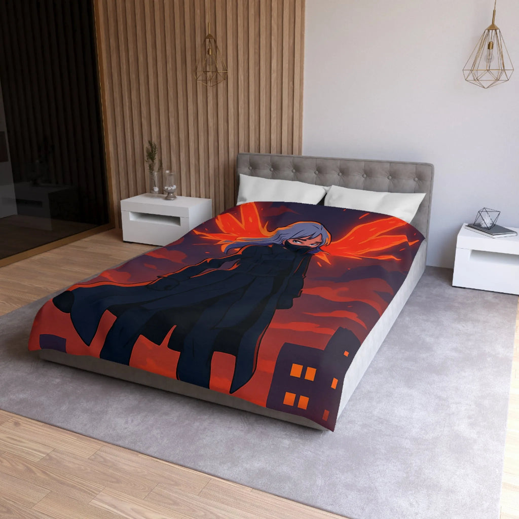 Housse de Couette Gothique avec Figure Angélique Ailée et Ville Enflammée Stylisée