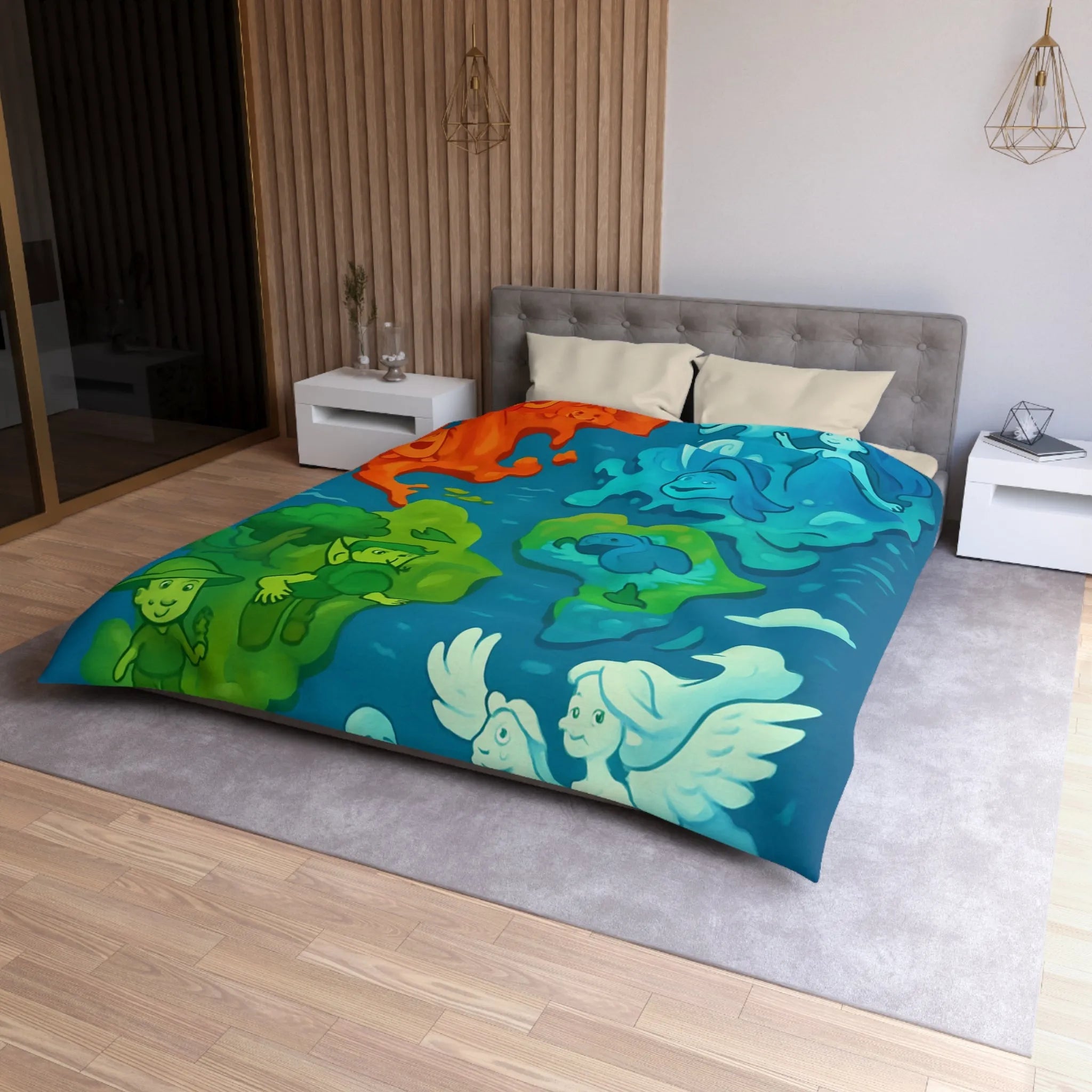 Housse de couette colorée avec illustration ludique des éléments naturels en harmonie