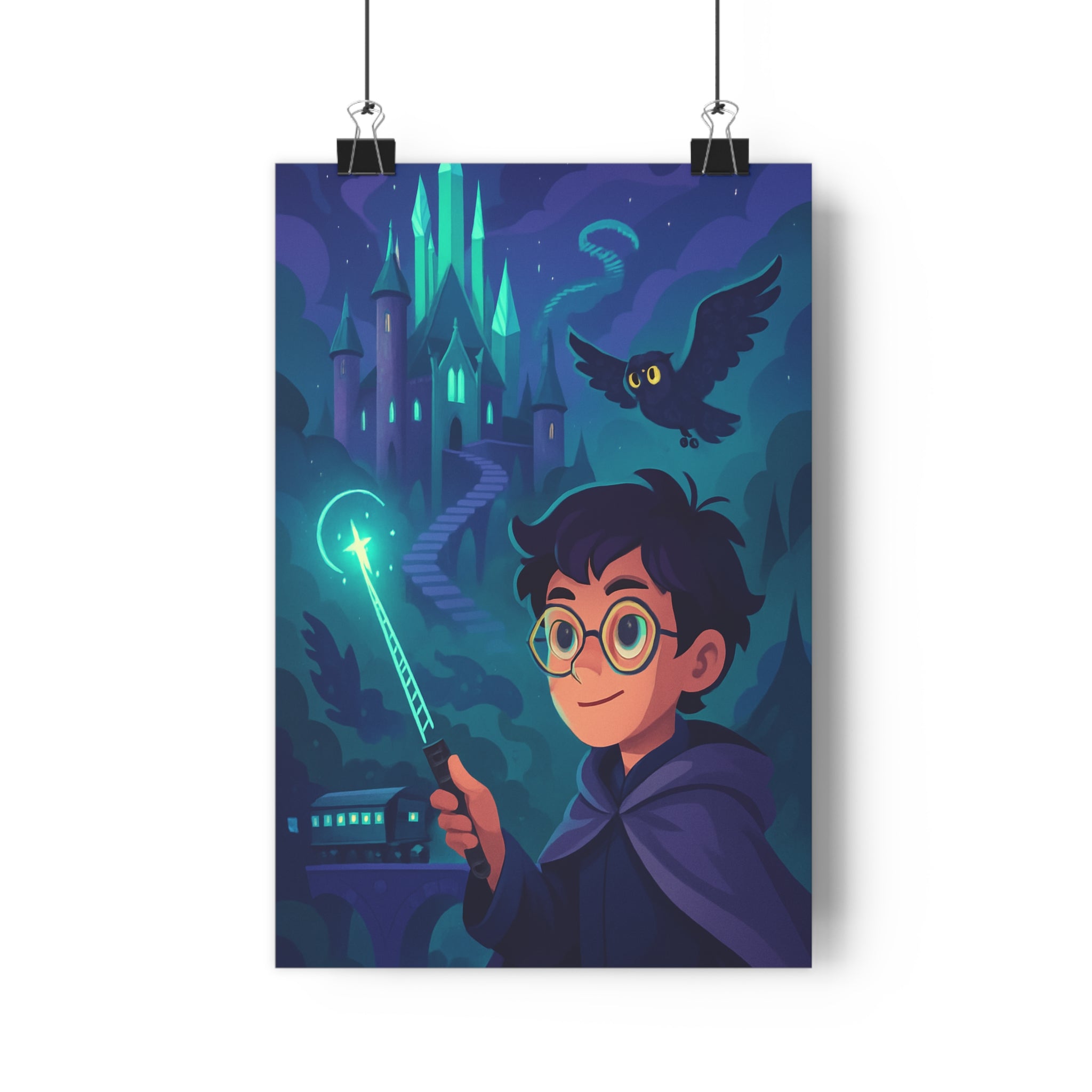 Poster décoratif sorcier baguette lumineuse château étoilé chouette mystique bleu vert chambre 30x46 qualité