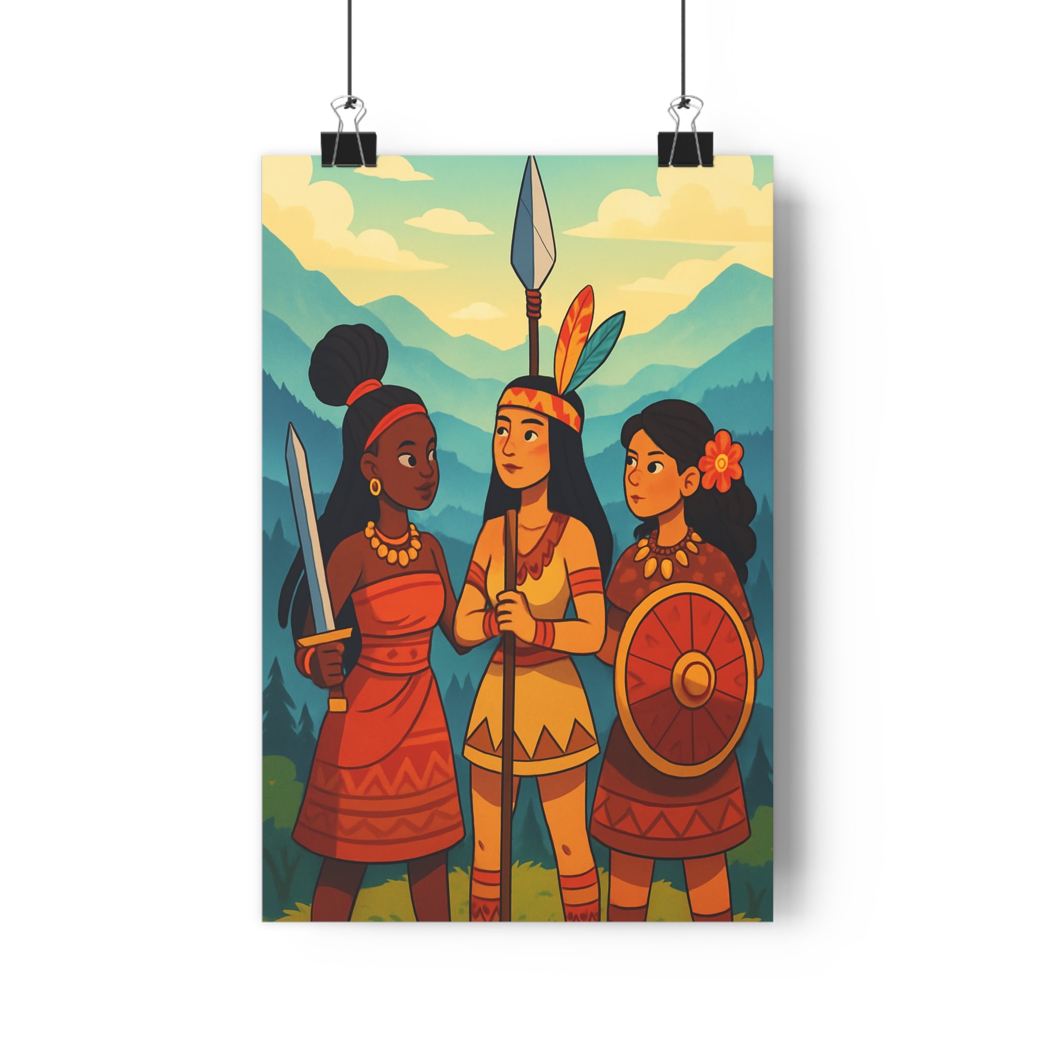 Poster décoratif anime guerrières forêt amazonienne rouge orange jaune vibrant aventure salon chambre unique