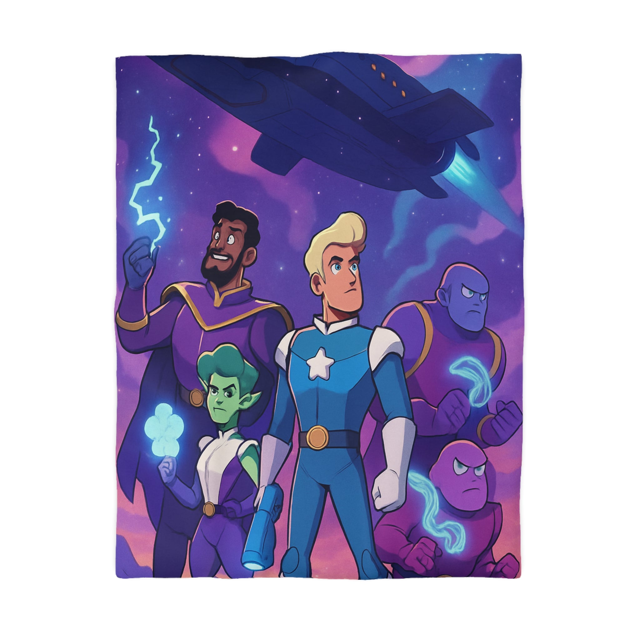 Housse de couette spatiale avec héroïques personnages animés sous vaisseau intergalactique étoilé